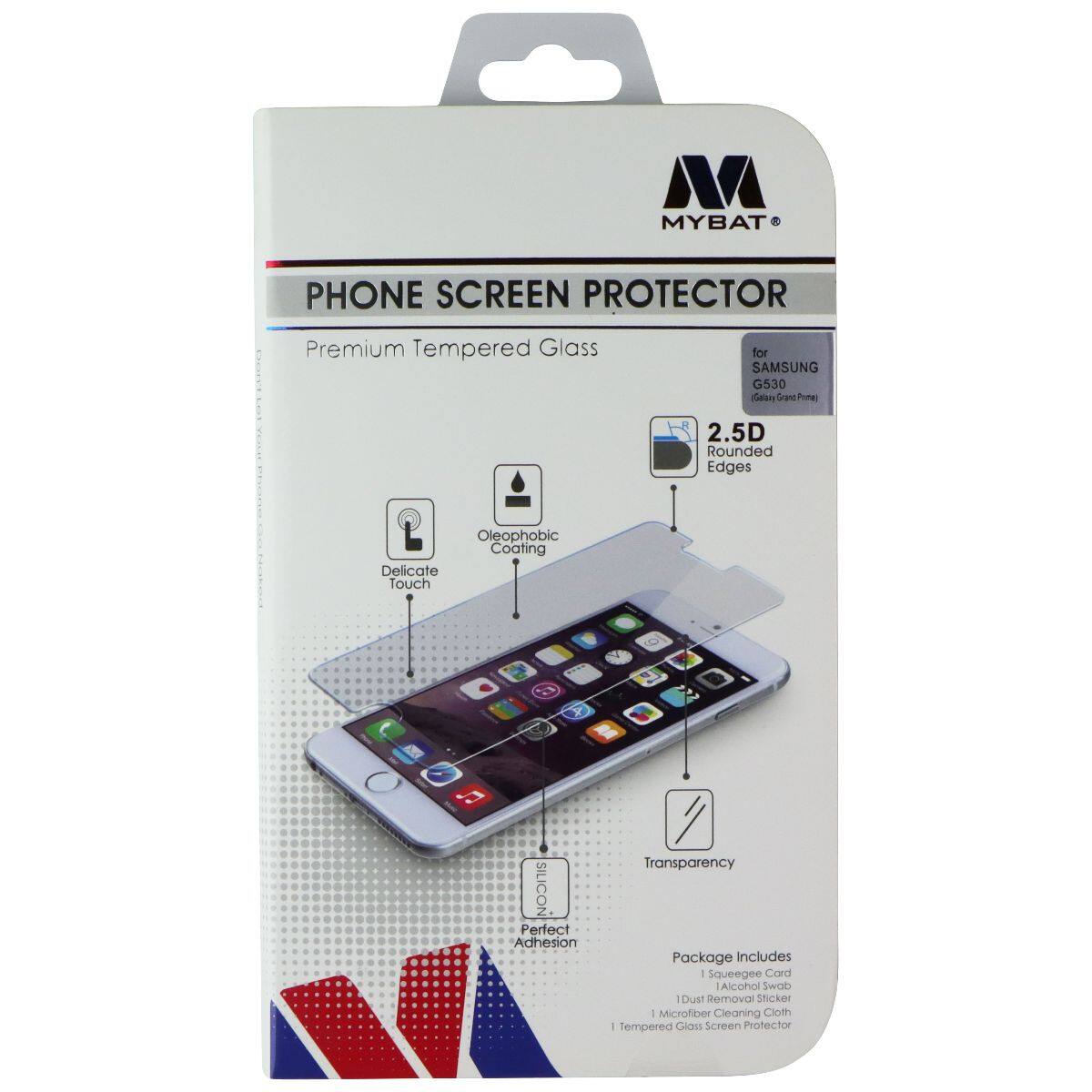 MYBAT PHONE SCREEN PROTECTOR Premium Tempered Glass for SAMSUNG G530 Galaxy Grand Prime 2.5D Rounded Edges Oleophobic Coating Delicate Touch A SILICON Perfect Adhesion Transparency Package Includes - Squeegee Cord Alcohol Dust Removal Sticker - Microfiber Cleaning Cloth - Tempered Glass Screen Protector