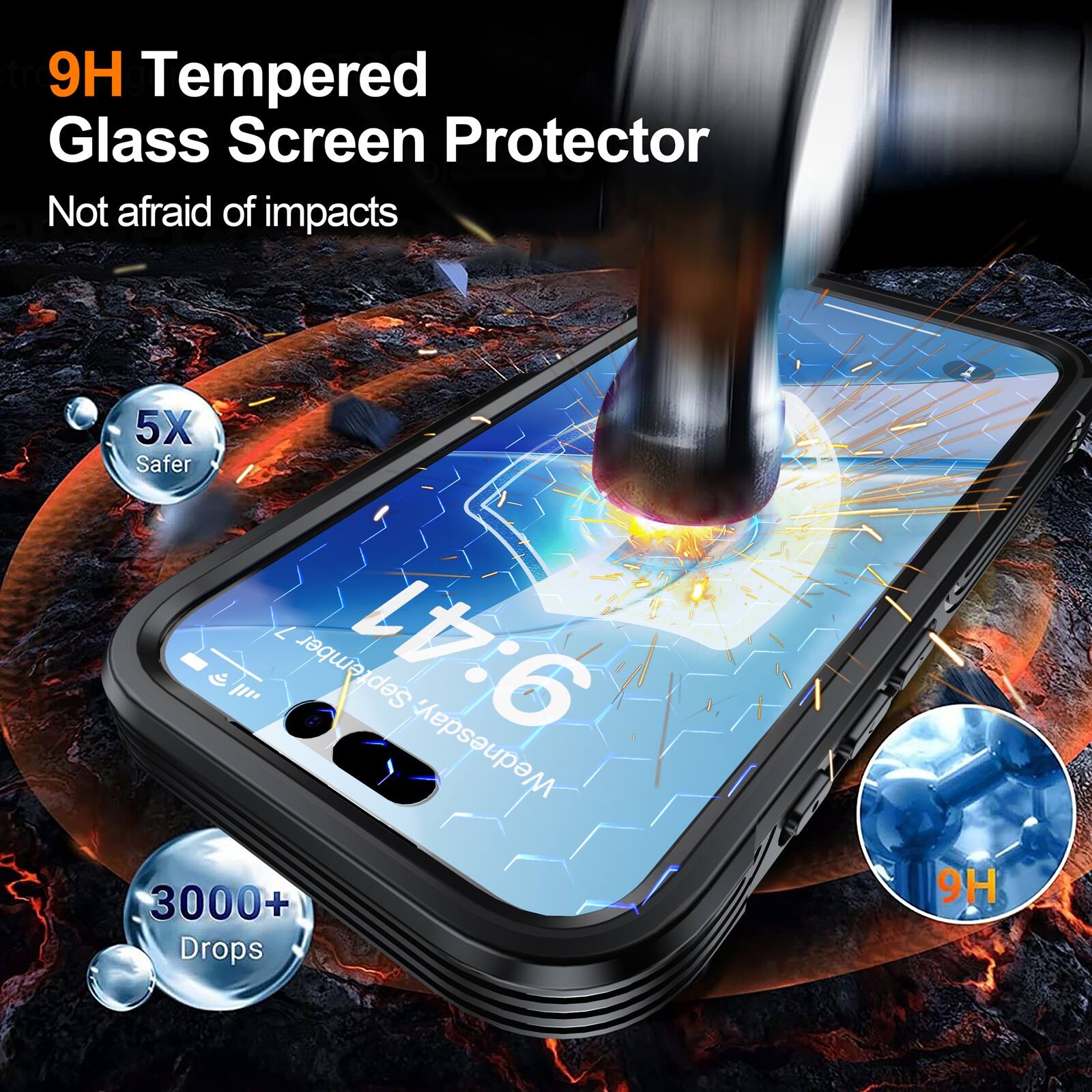 9H Tempered Glass Screen Protector  
Not afraid of impacts  
5X Safer  
3000+ Drops  
9H