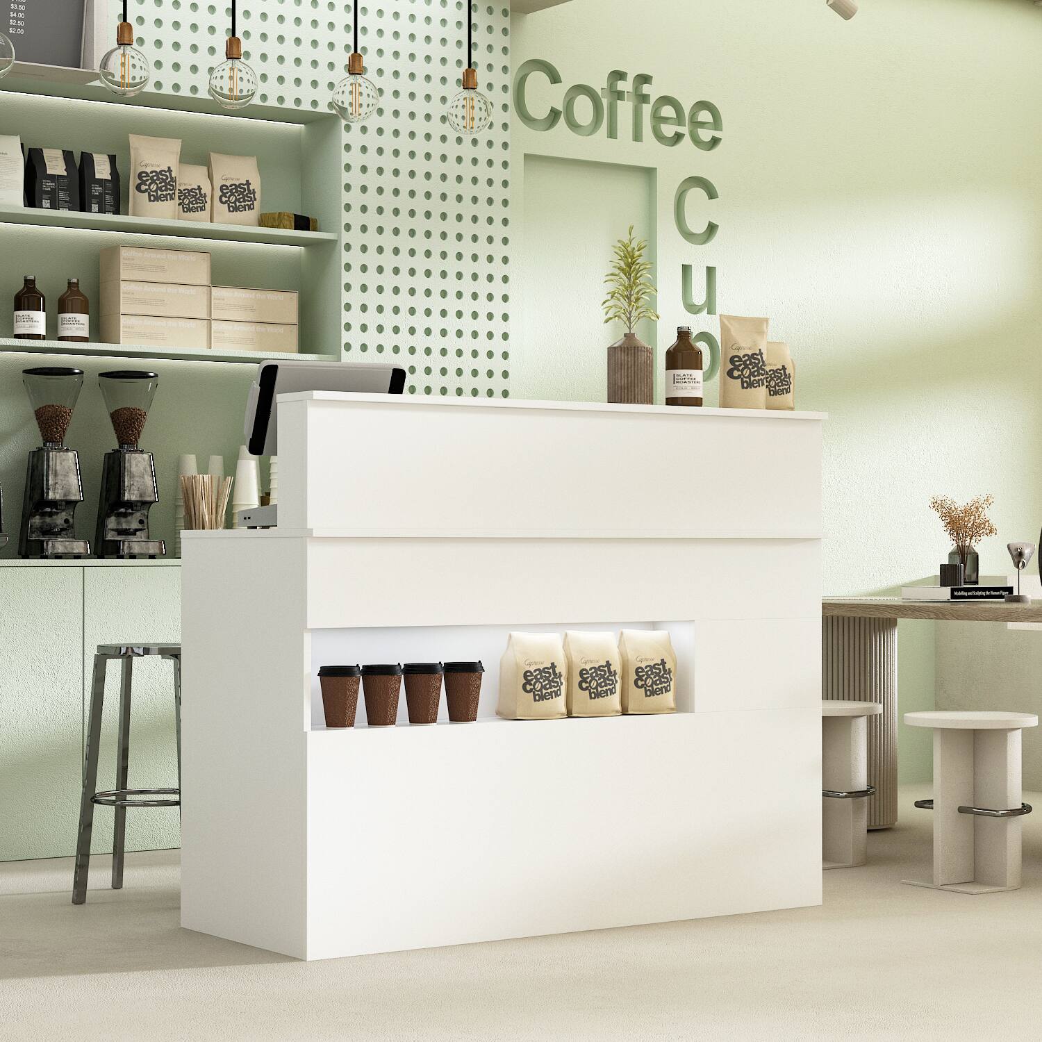 Coffee Cup is written on the wall above the counter.