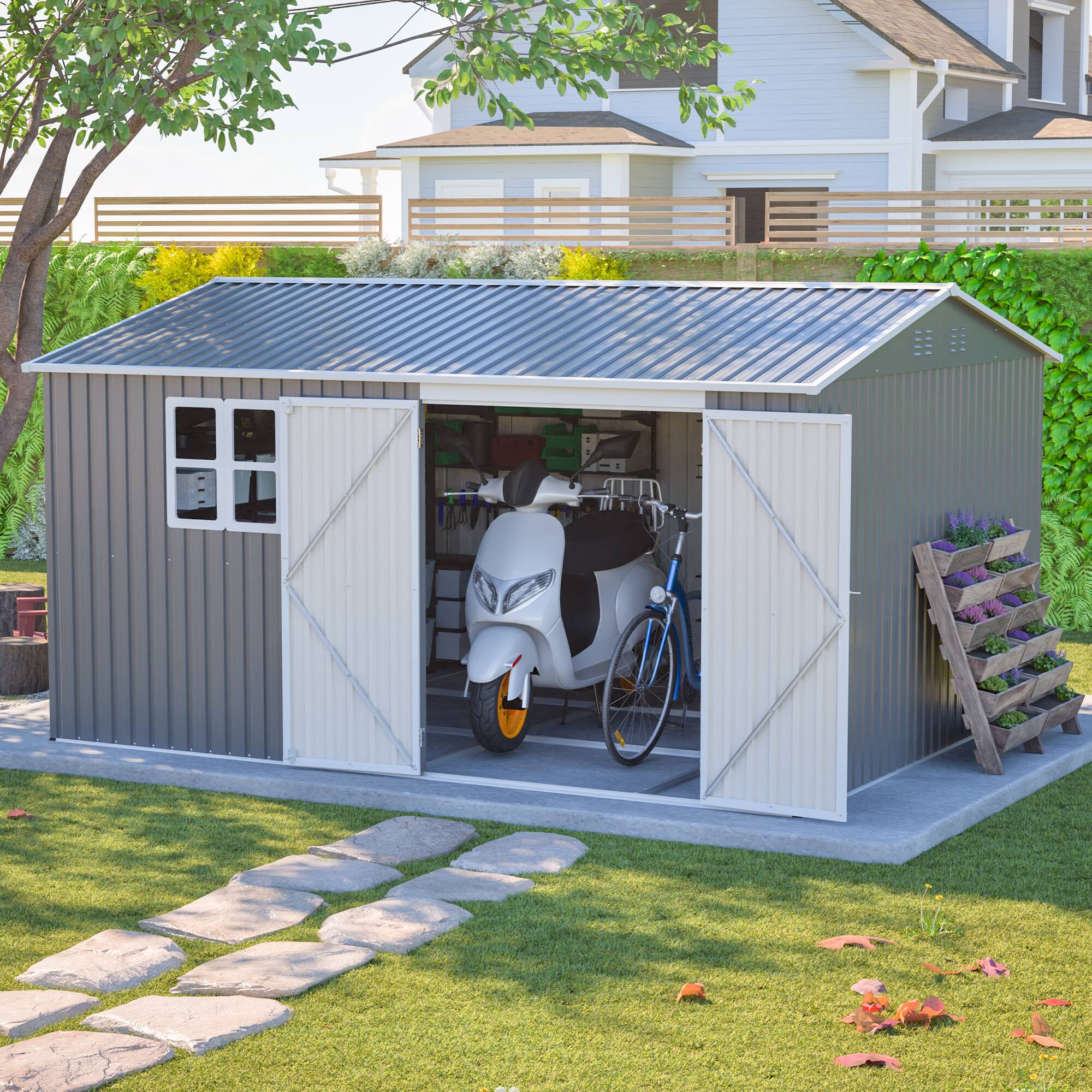 Alt View 6. Loheer - Loheer 12x10 Metal Storage Shed Heavy Duty Garden Tool Shed Waterproof Outdoor Utility Building Lockable Doors Grey.