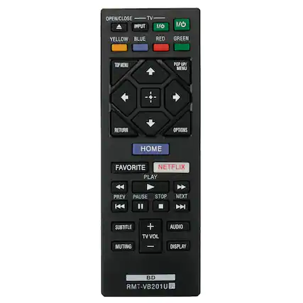 OPEN/CLOSE TV INPUT 1/0 1/0 YELLOW BLUE RED GREEN TOP MENU POP UP/ MENU RETURN OPTIONS HOME FAVORITE NETFLIX PLAY PREV PAUSE STOP NEXT SUBTITLE + TV VOL AUDIO MUTING | DISPLAY BD RMT-VB201U