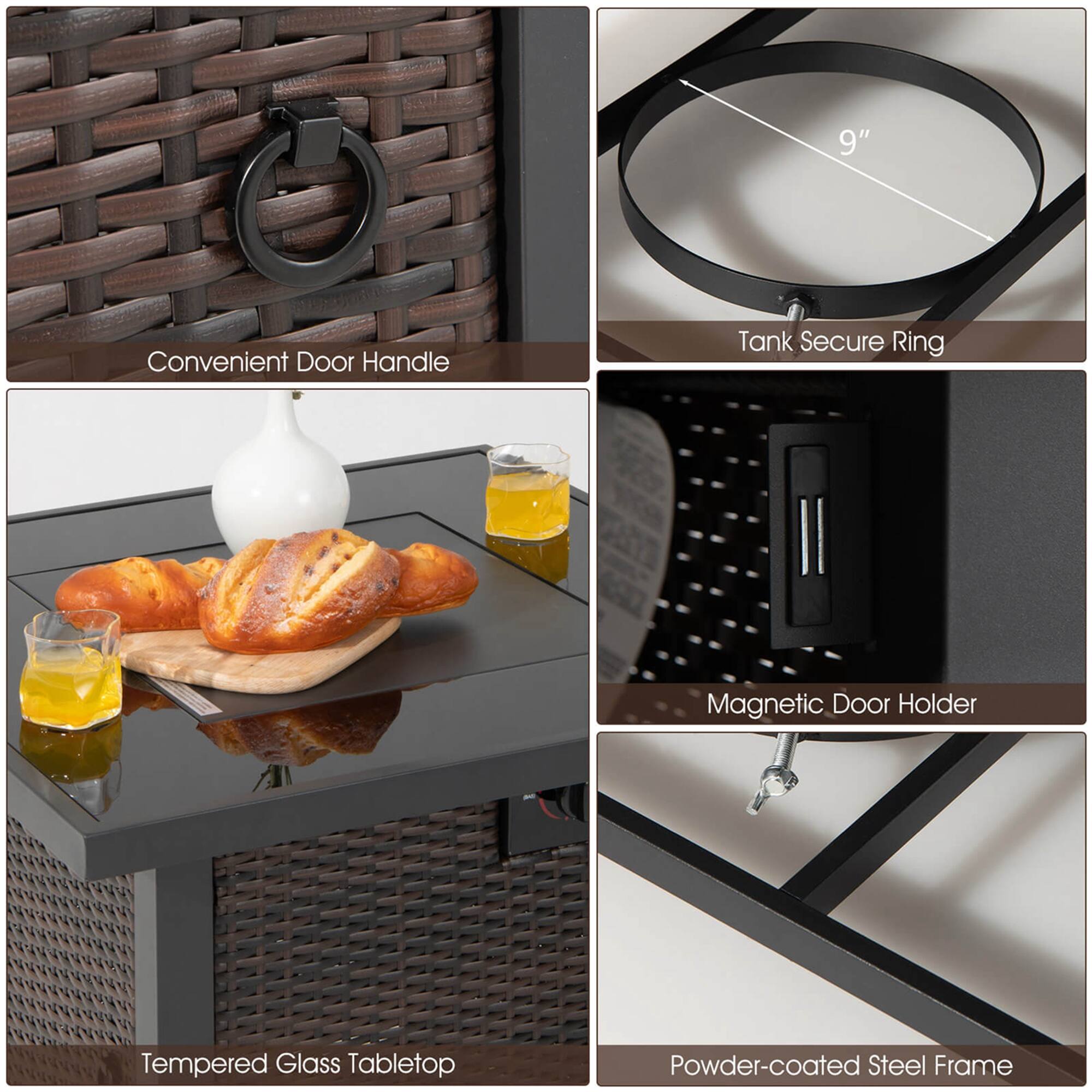 The image shows a collection of different items, including a table with a vase and a bowl of bread. There is also a tank secure ring and a magnetic door holder. The items are grouped under the following headings: Convenient Door Handle, Tank Secure Ring, Magnetic Door Holder, Tempered Glass Tabletop, Powder-coated Steel Frame.