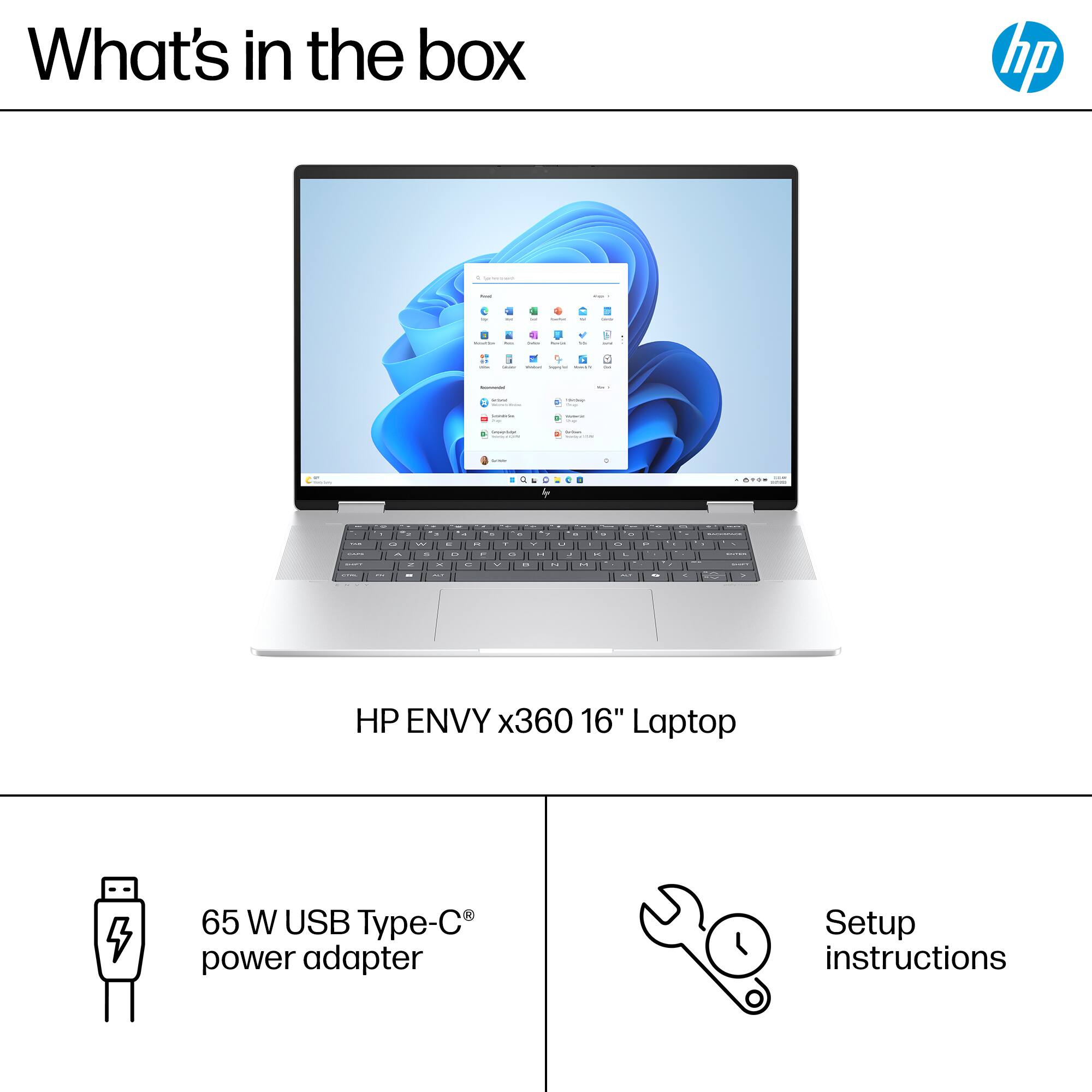 What's in the box: HP ENVY x360 16" Laptop, 65 W USB Type-C power adapter, Setup instructions.