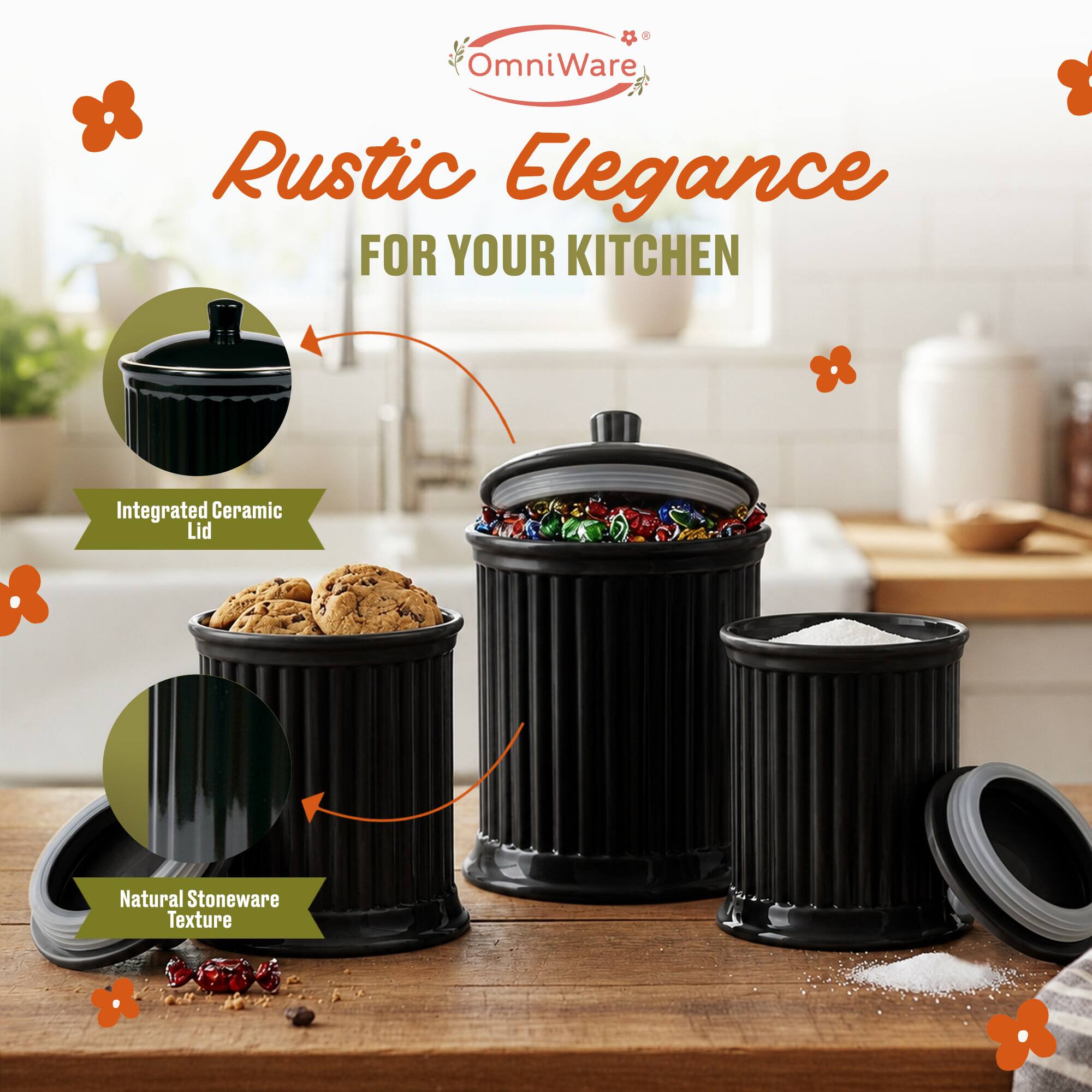 OmniWare Rustic Elegance FOR YOUR KITCHEN  
Integrated Ceramic Lid  
Natural Stoneware Texture
