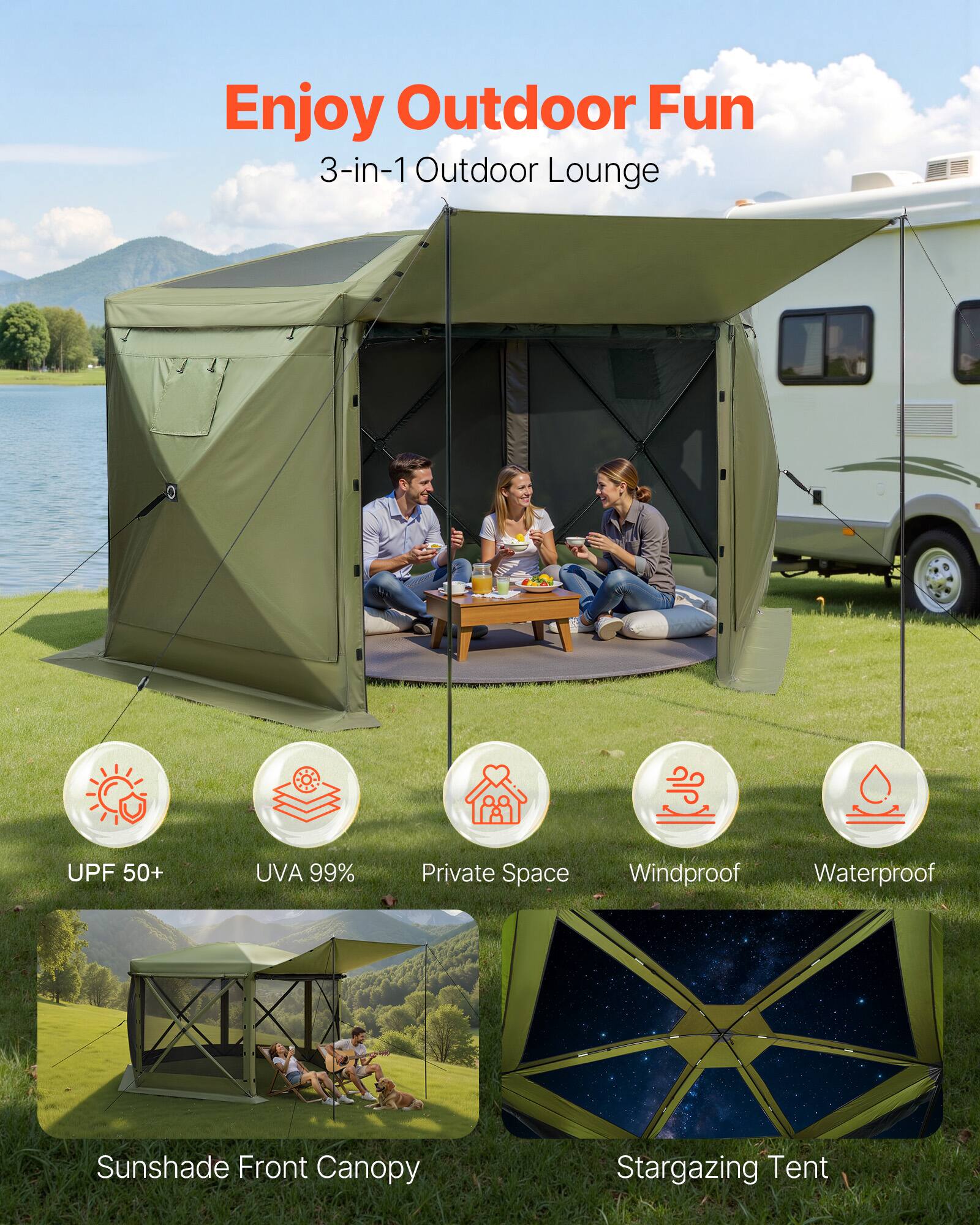 Enjoy Outdoor Fun  
3-in-1 Outdoor Lounge  

UPF 50+  
UVA 99%  
Private Space  
Windproof  
Waterproof  
Sunshade Front Canopy  
Stargazing Tent