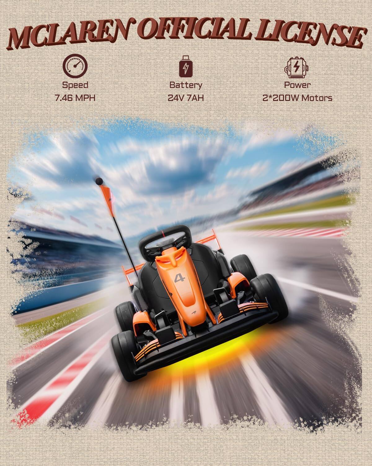 MCLAREN OFFICIAL LICENSE

Speed: 7.46 MPH  
Battery: 24V 7AH  
Power: 2*200W Motors