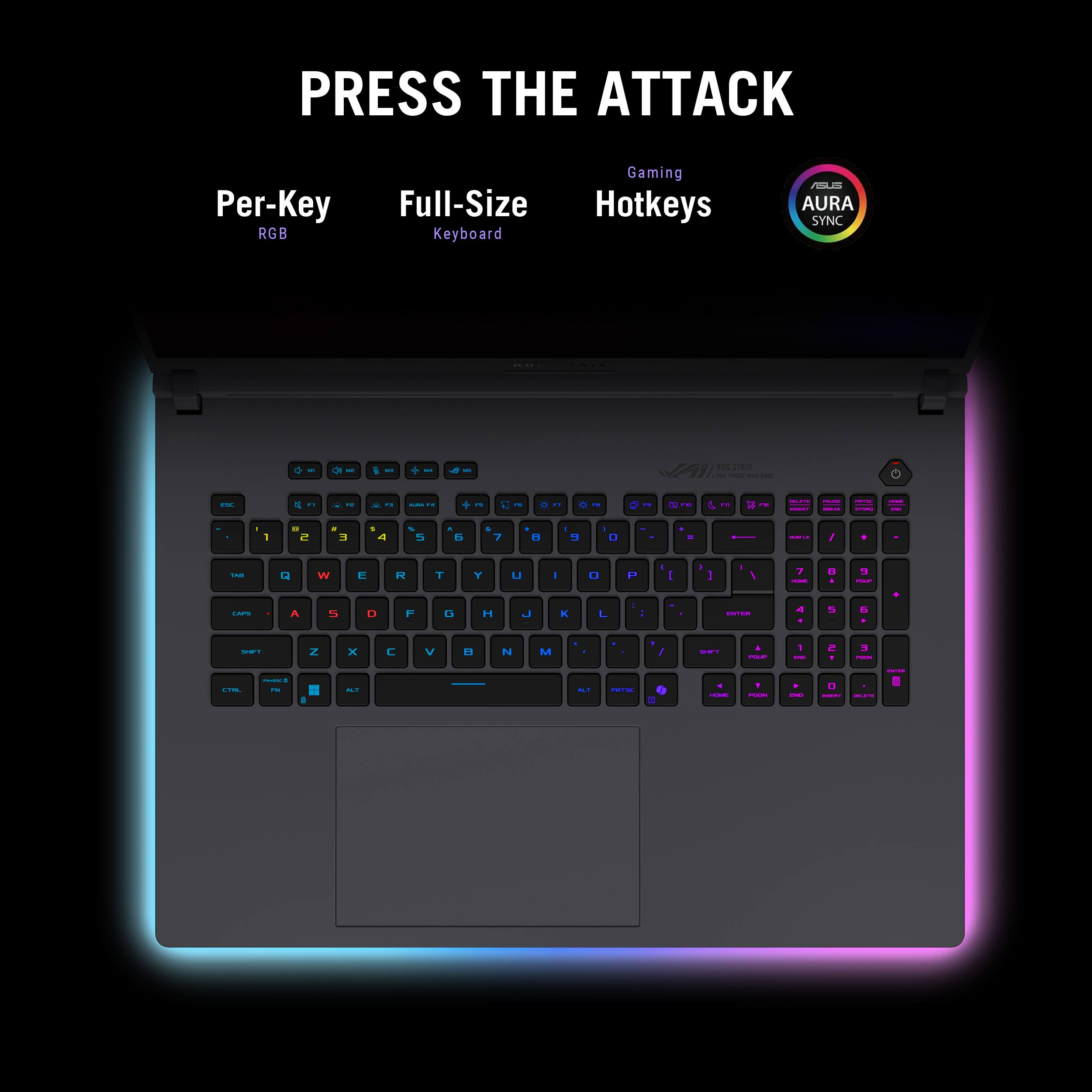 PRESS THE ATTACK Gaming Per-Key Full-Size Hotkeys RGB Keyboard AURA SYNC

The image shows a close-up of a keyboard with a colorful background. The keyboard is designed for gaming and features full-size hotkeys, making it perfect for gamers. The keyboard is equipped with RGB lighting, which allows users to customize the colors and lighting effects to suit their preferences. The AURA SYNC feature ensures that the keyboard's lighting is synchronized with other compatible devices, creating a unified and visually appealing setup.