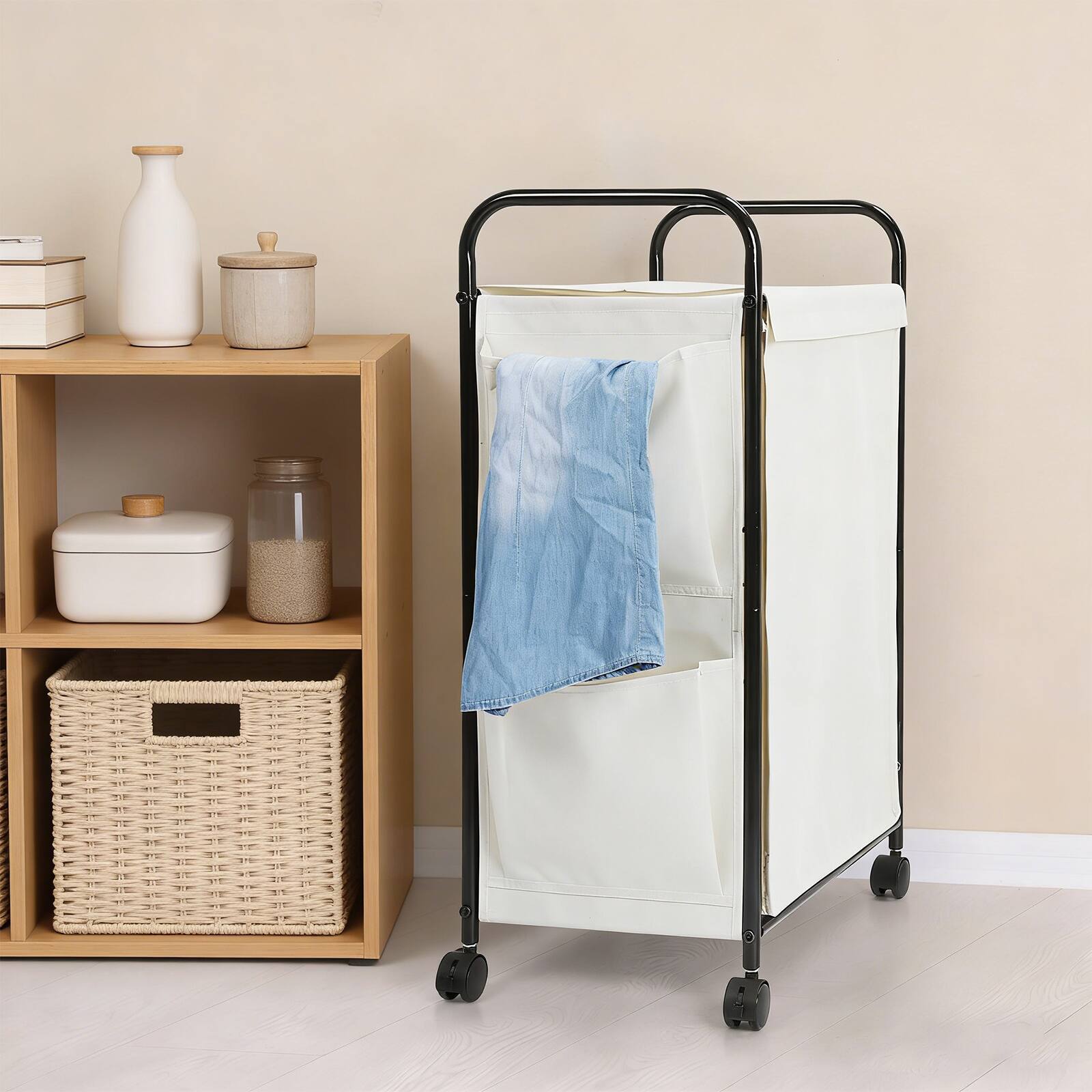 Alt View 1. Oumilen - Rolling Laundry Hamper Cart with Lid – Matte Black Frame & White Waterproof Fabric Basket - White.