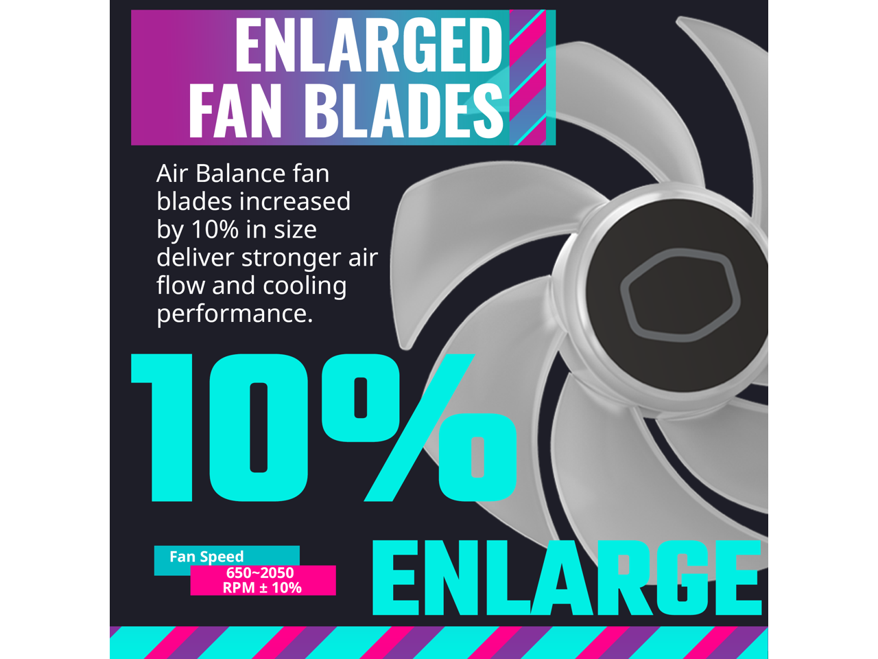 ENLARGED FAN BLADES

Air Balance fan blades increased by 10% in size deliver stronger air flow and cooling performance.

10% ENLARGE

Fan Speed: 650-2050 RPM ± 10%