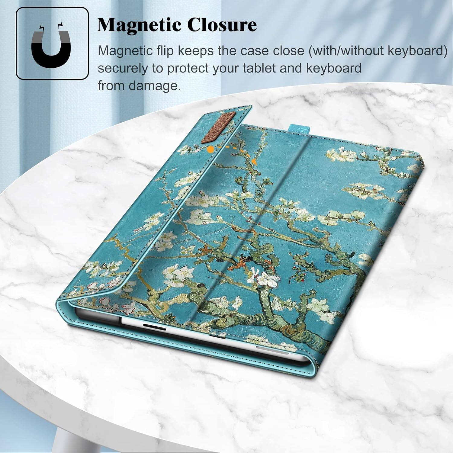 Magnetic Closure  
Magnetic flip keeps the case close (with/without keyboard) securely to protect your tablet and keyboard from damage.