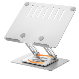 MESWAO - Tablet Stand Holder for Desk, 360 Degree Rotating Base, Dual Rod Adjustable and Foldable Aluminum Stand - Silver