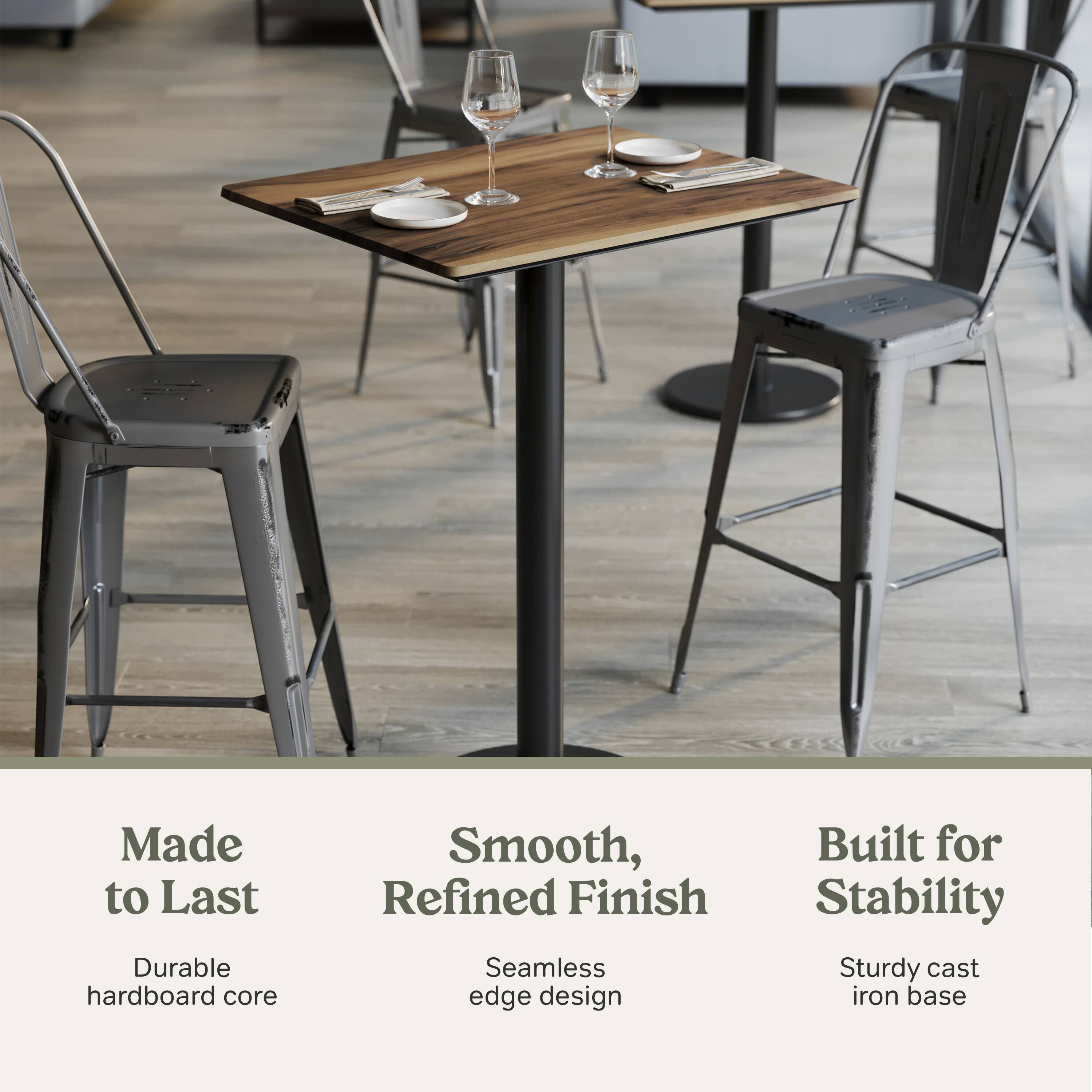 Made to Last  
Durable hardboard core  

Smooth, Refined Finish  
Seamless edge design  

Built for Stability  
Sturdy cast iron base