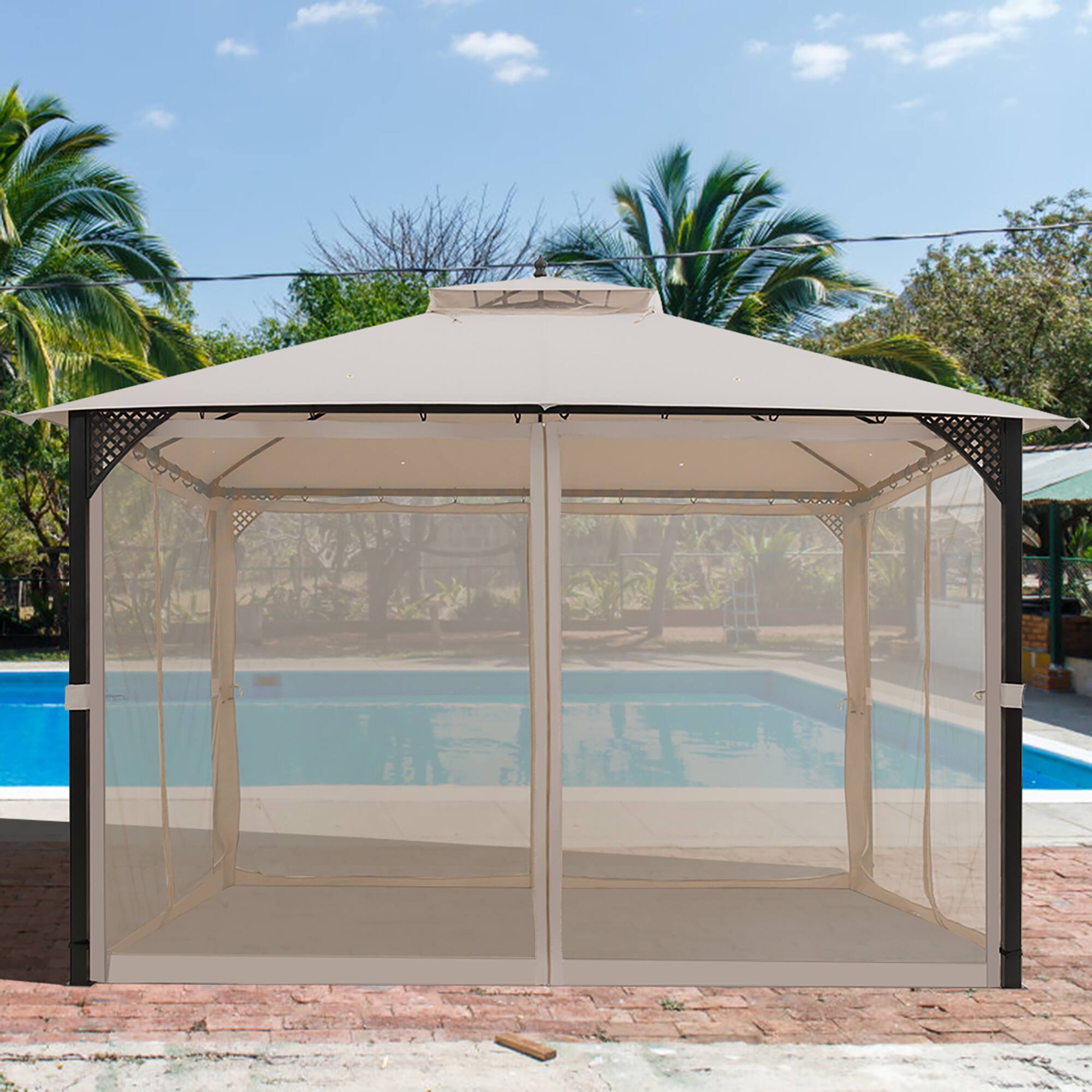 Alt View 4. Costway - Costway 12' x 10' Outdoor Patio Gazebo Canopy Shelter Double Top Sidewalls Netting - Beige.