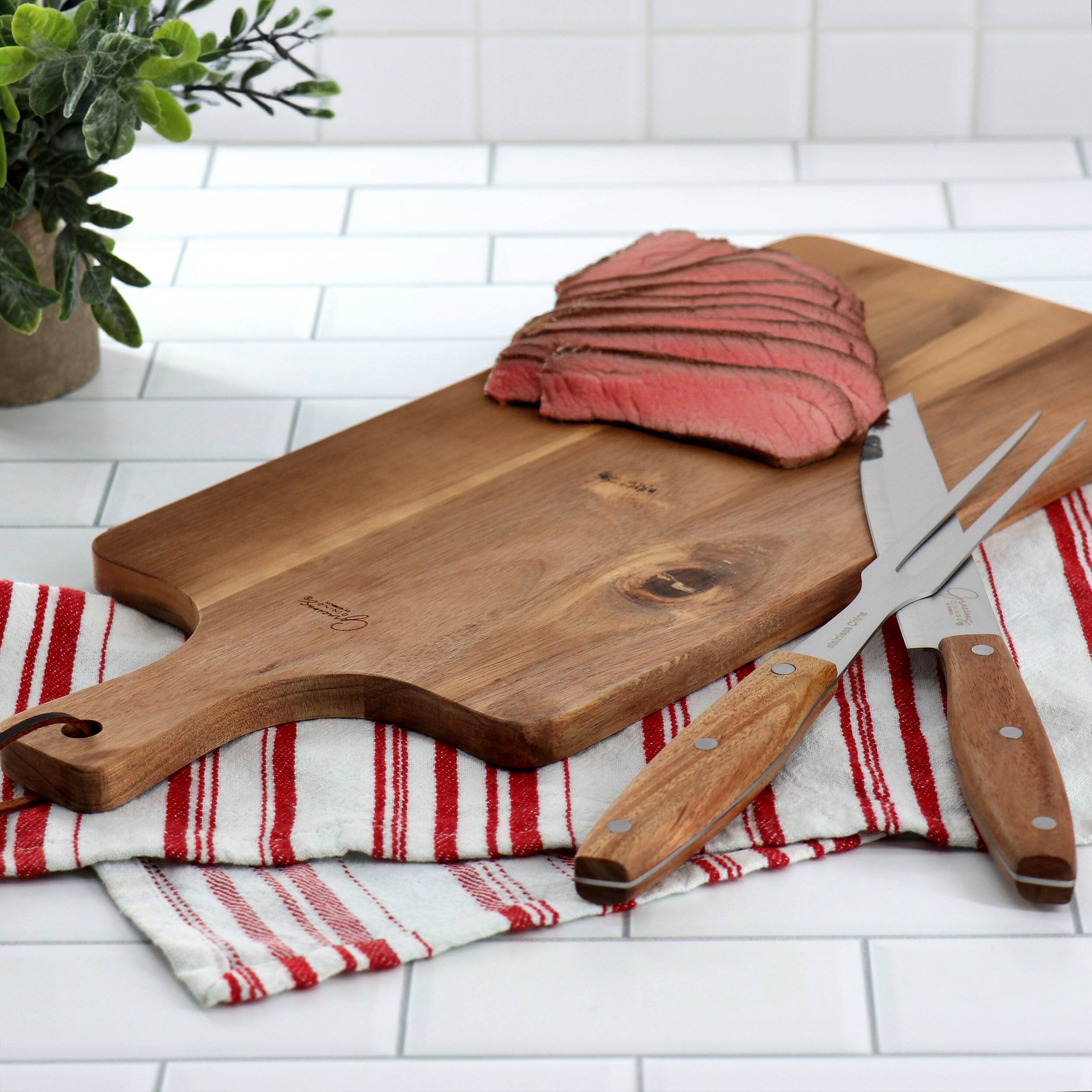 Alt View 4. Gibson - Gibson Elite 3 Piece Acacia Wood Serving Board with Carving Knife and Fork in Brown - Brown.