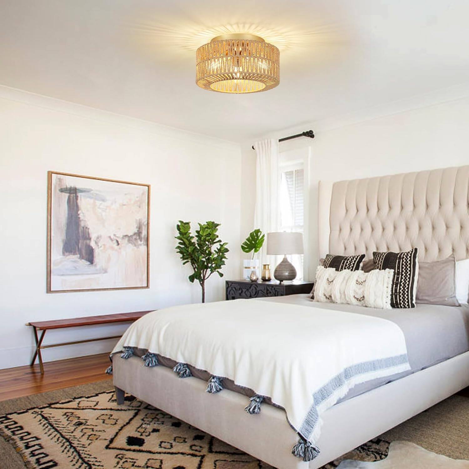 Alt View 3. MERAVOM - Boho Light Fixtures Ceiling Mount, 3-Light Rattan Ceiling Light Fixture, Flush Mount Ceiling Light with Hand-Woven Shade - Gold.