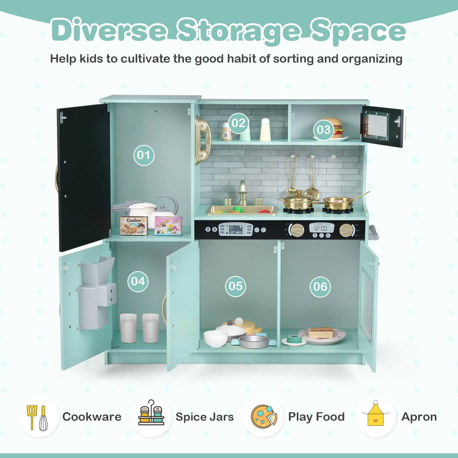 Diverse Storage Space  
Help kids to cultivate the good habit of sorting and organizing  

01  
02  
03  
04  
05  
06  

Cookware  
Spice Jars  
Play Food  
Apron