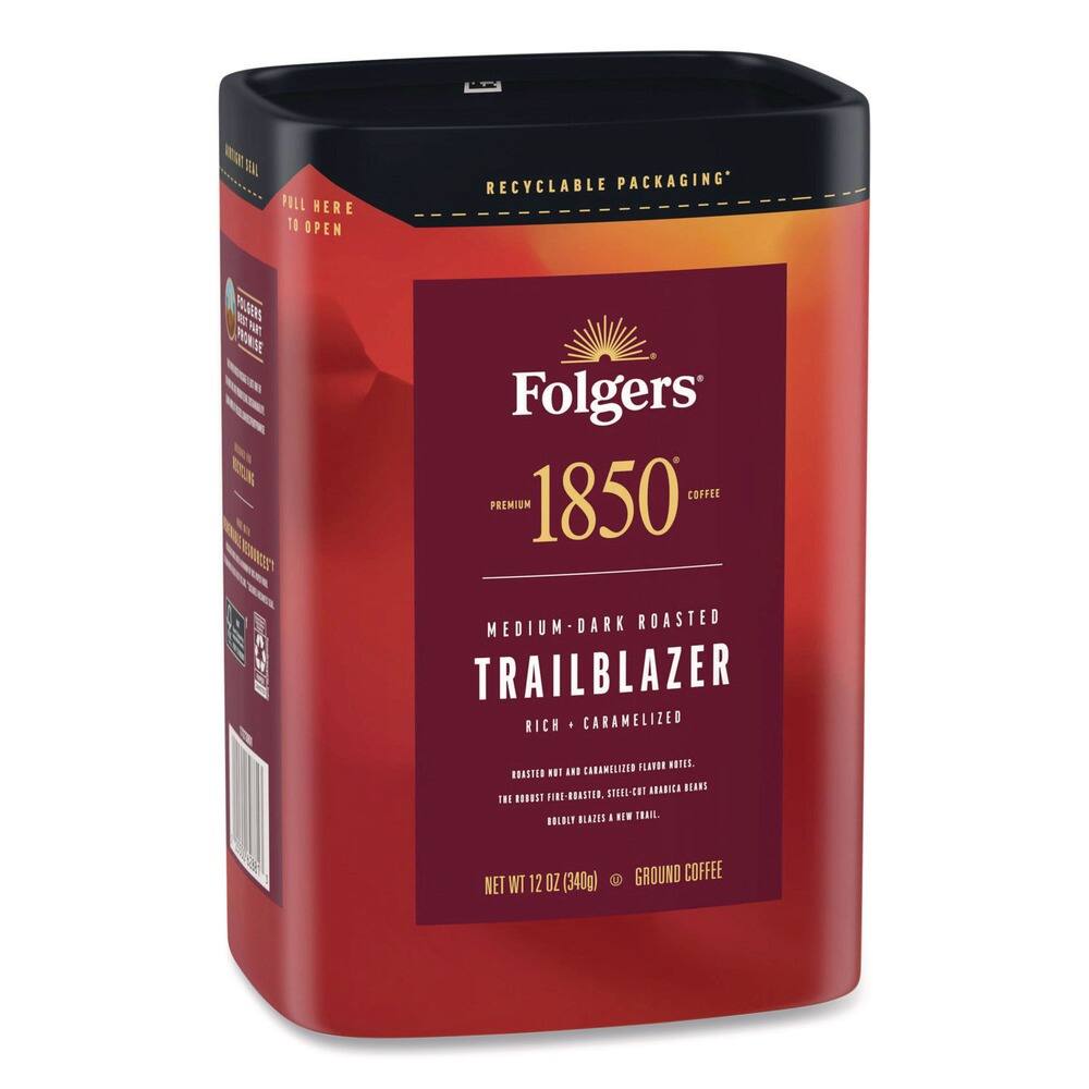 Folgers 1850 Coffee  
Premium Medium-Dark Roasted Trailblazer  
Rich Caramelized Flavor  
Hot and Caramelized Flavor Notes.  
Fire-Roasted, Steel-Cut African Beans  
Boldly Roasted & New Trail.  
Net WT 12 OZ (340g) Ground Coffee  
Recyclable Packaging  
Pull Here to Open