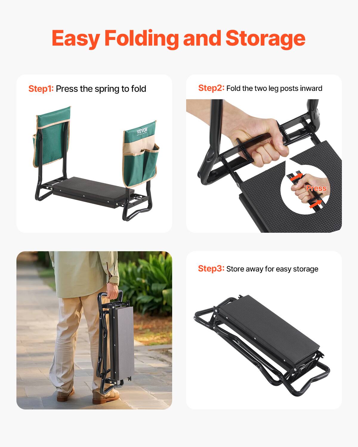 Easy Folding and Storage

Step1: Press the spring to fold

Step2: Fold the two leg posts inward

Step3: Store away for easy storage