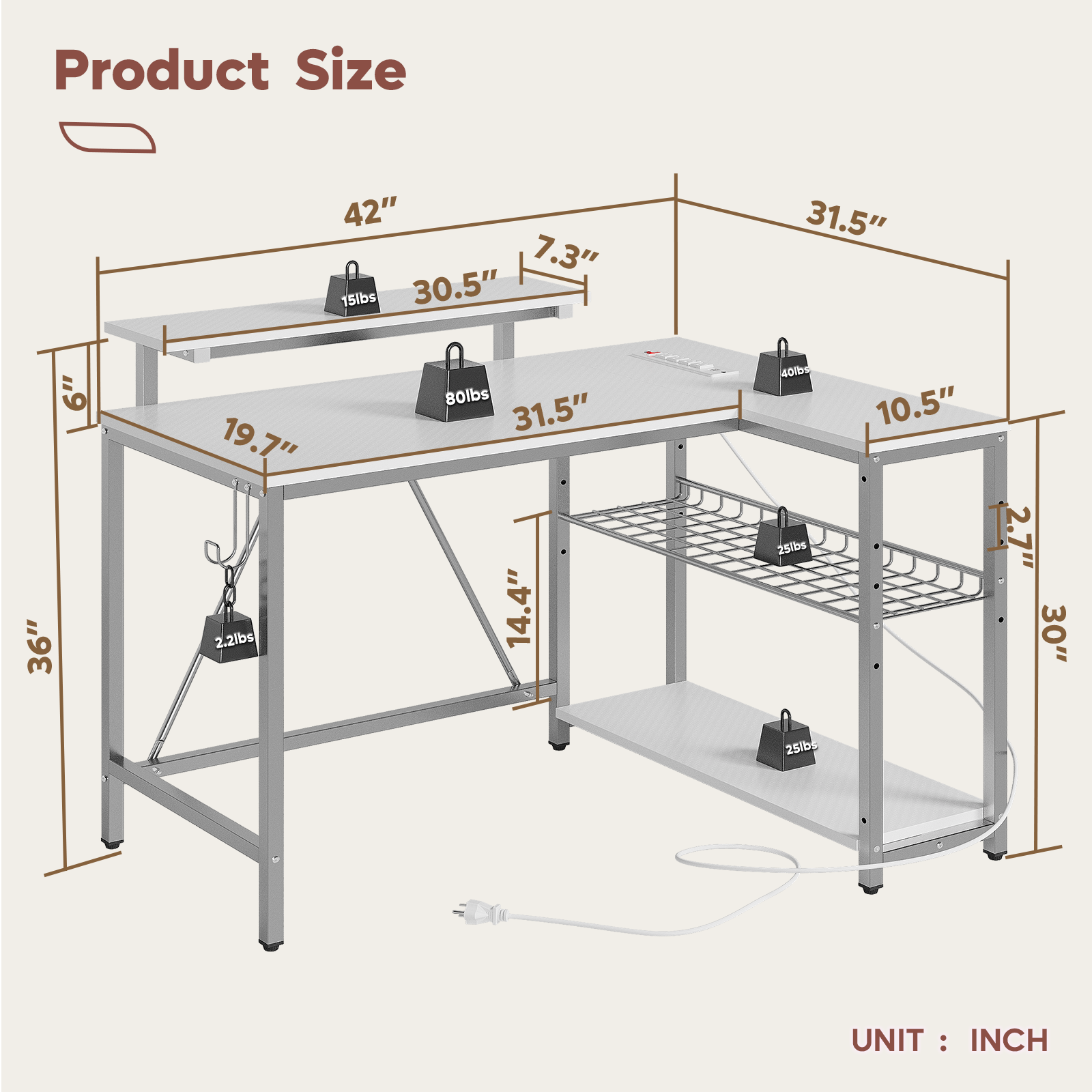 Product Size:
* 42" 7.3" 15lbs
* 30.5" 31.5" 6"
* 36" 19.7" 2.2lbs
* 80lbs 31.5" 14.4"
* 400s 25lbs 10.5"
* 2.7" 30" 25lbs
UNIT: INCH