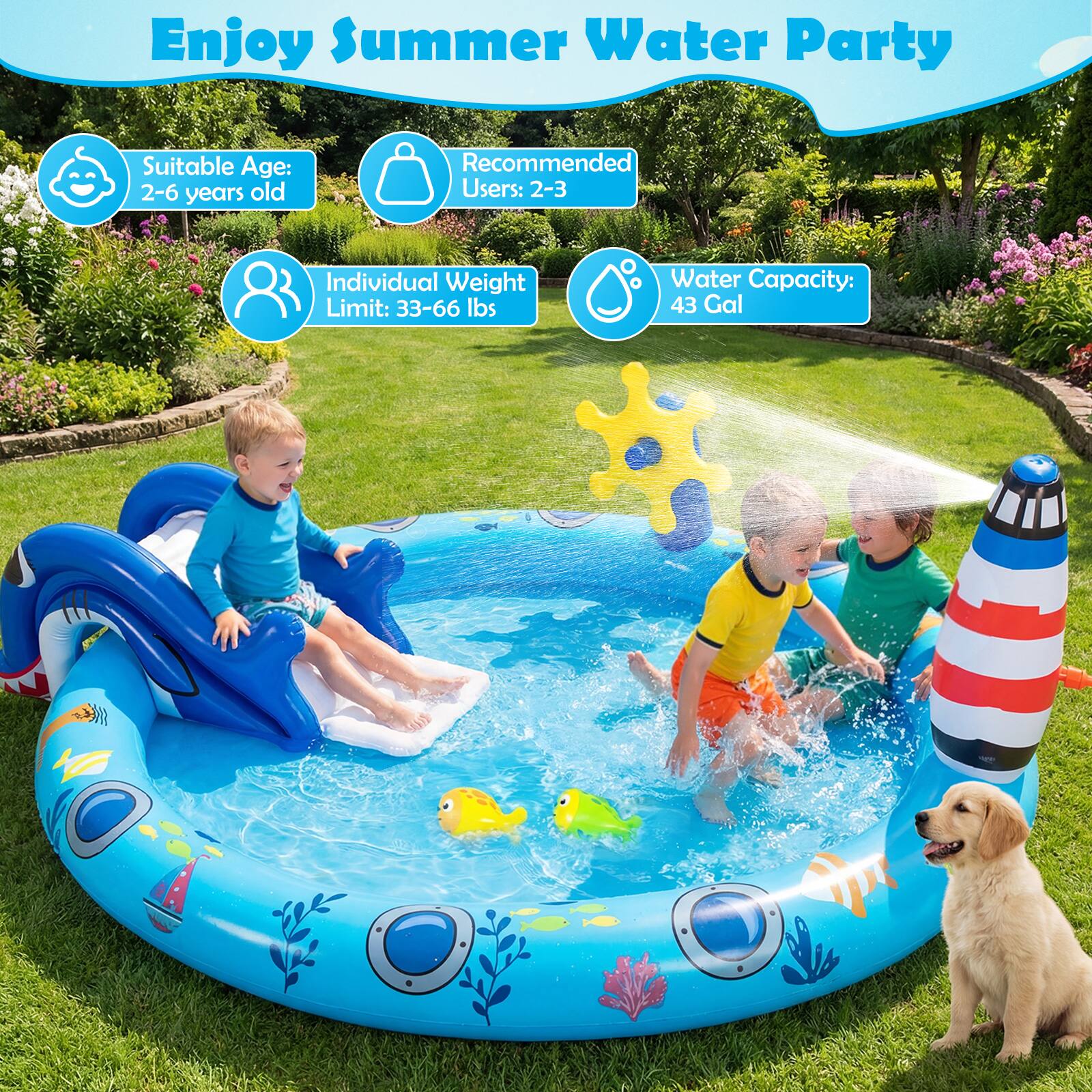 Enjoy Summer Water Party

Suitable Age: 2-6 years old

Recommended Users: 2-3

Individual Weight Limit: 33-66 lbs

Water Capacity: 43 Gal