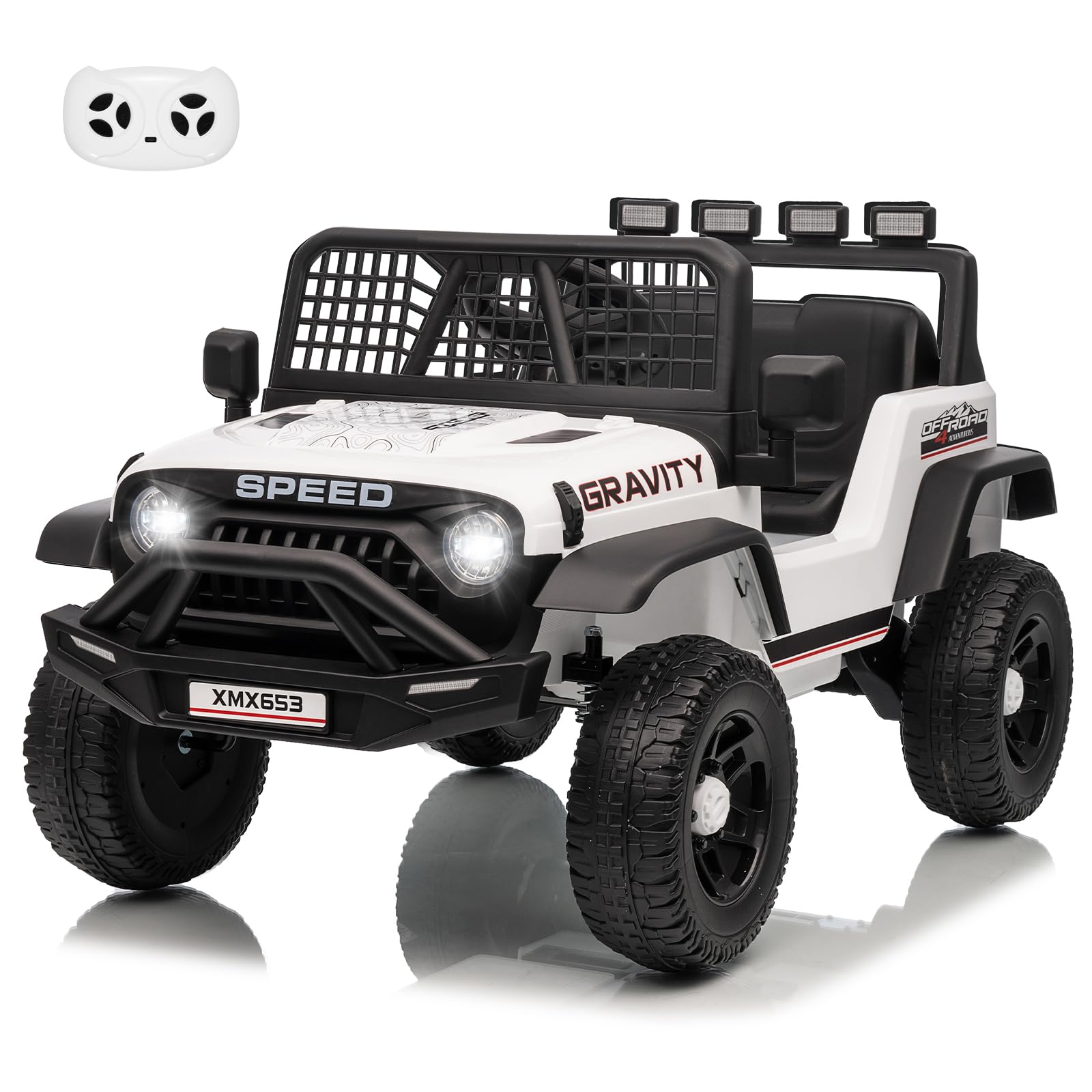 GARVEE- 12V Kids Ride On Truck Car w/Extra Wide Seat & Legroom with Remote Control, 3 Speeds, Light, Music, USB- White