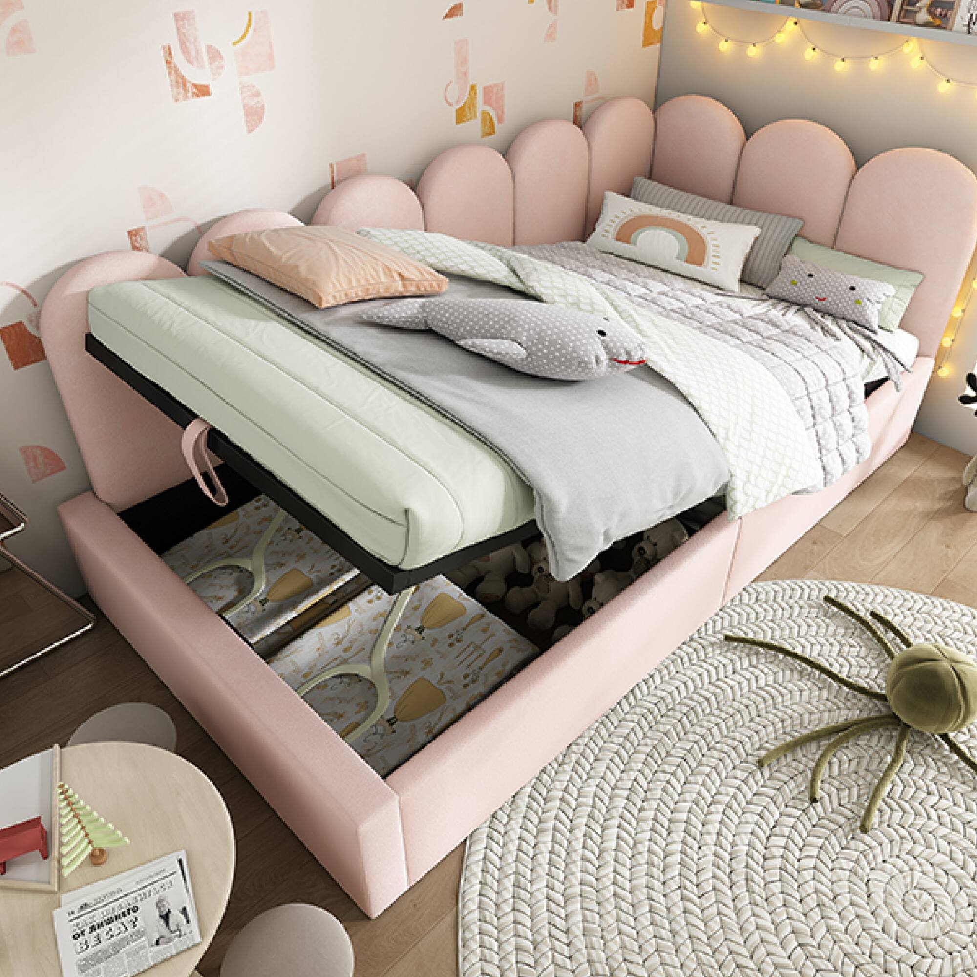 Alt View 10. GOODSILO - Upholstered Daybed with Hydraulic Storage, Twin Size Sofa Bed Frame with Metal Slats and Velvet Covering - Pink.