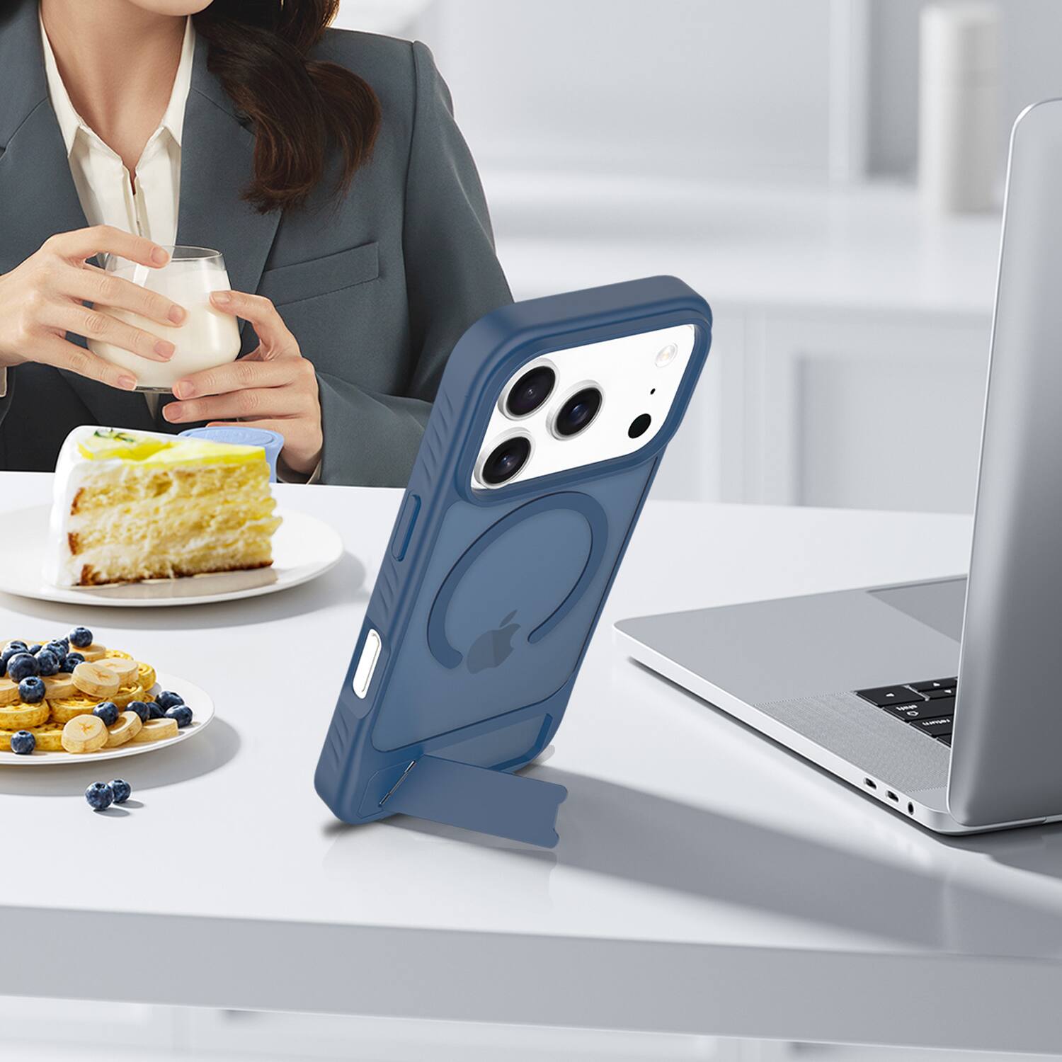 Alt View 3. Dteck - for Apple iPhone 17 Pro Translucent Matte Case,Shockproof Stand Slim Mag Safe Cover with Glass Screen Protector - Darkblue.