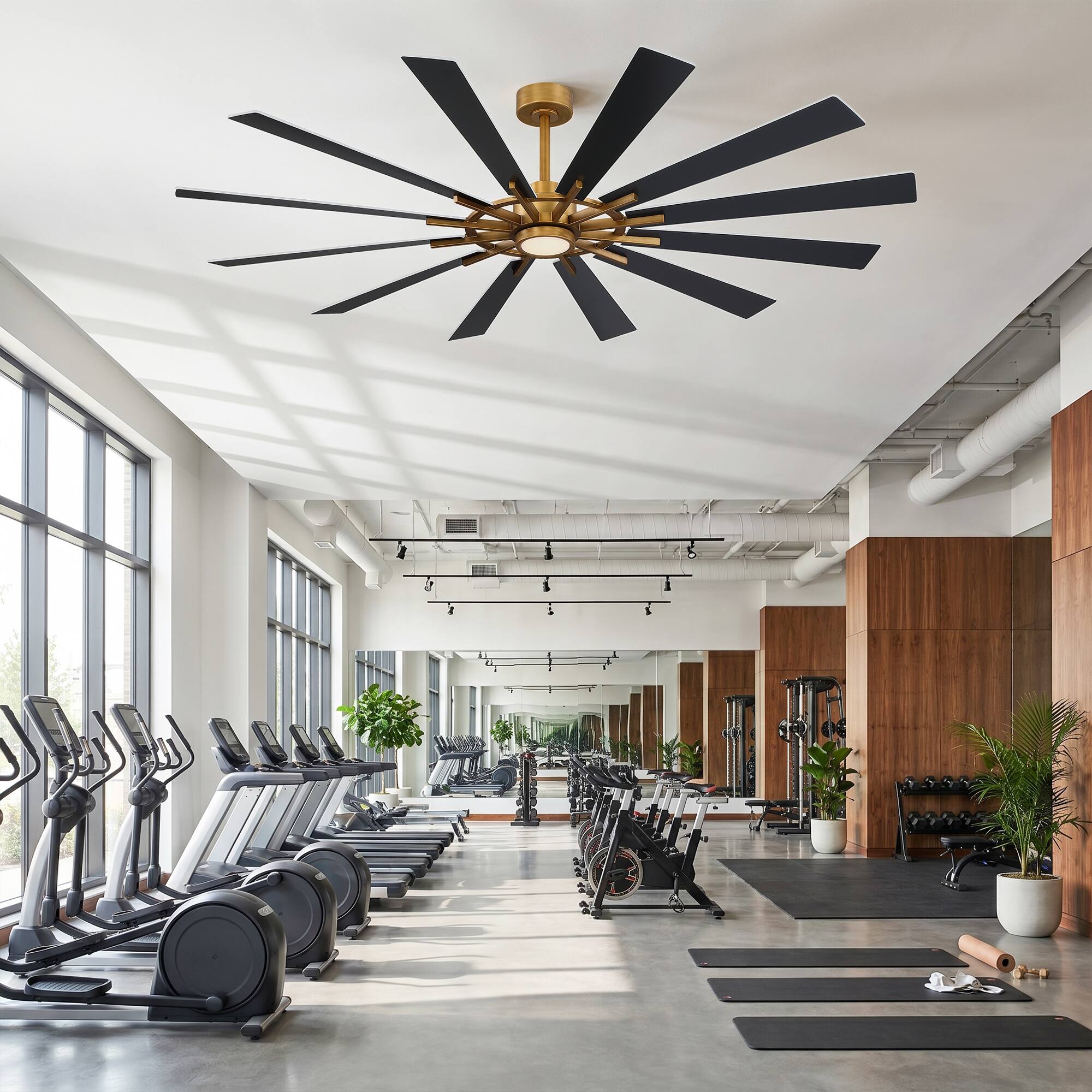 Angle. Parrot Uncle - 72" Large Farmhouse Reversible Windmill Ceiling Fan, 12-Blade with Dimmable LED and 6-Speed Remote - Gold.