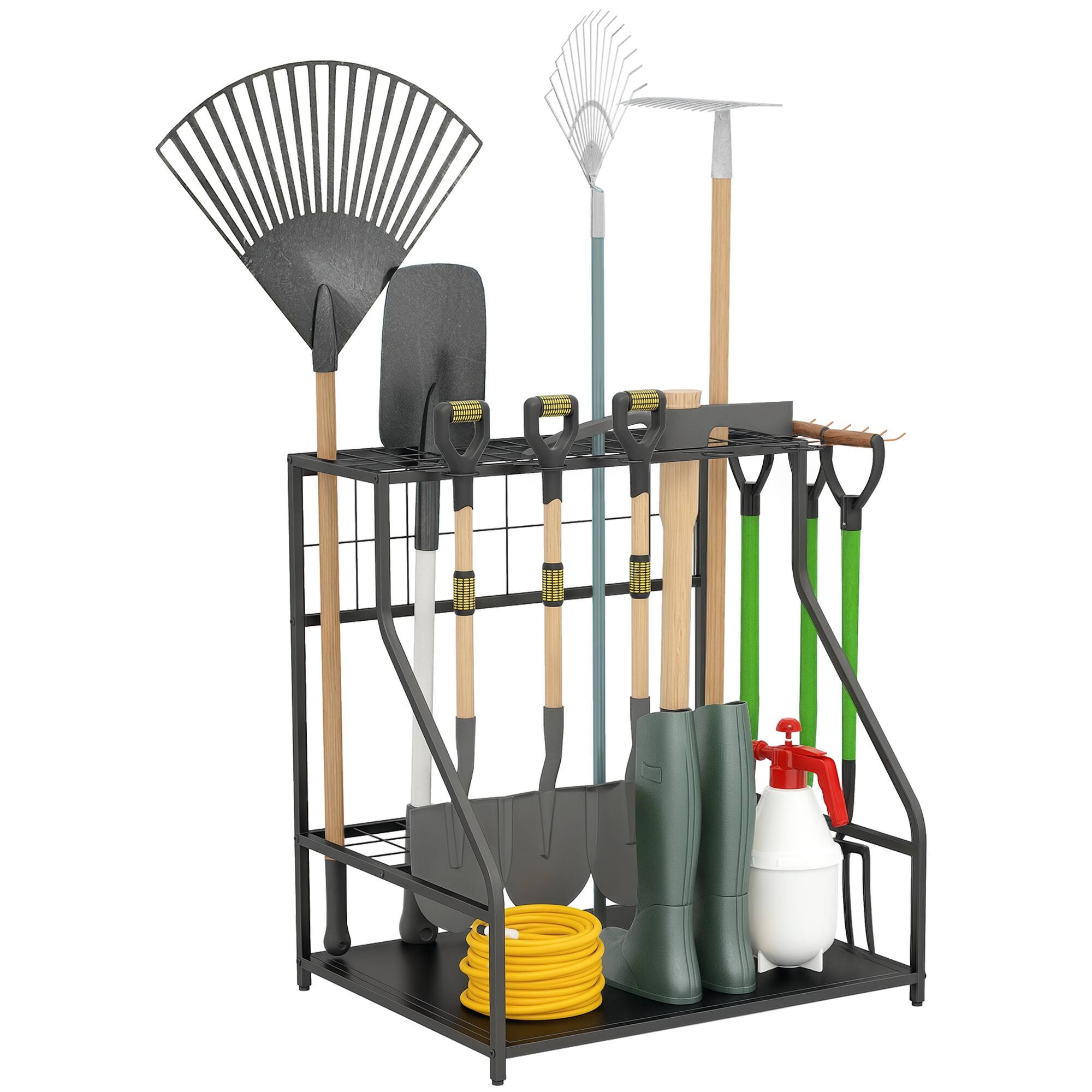 Front. Outsunny - Garden Tool Organizer for Garage, 3-Tier Yard Tool Storage Rack with Hooks for Long-Handled, Broom, Shovel, Rake - Orange.