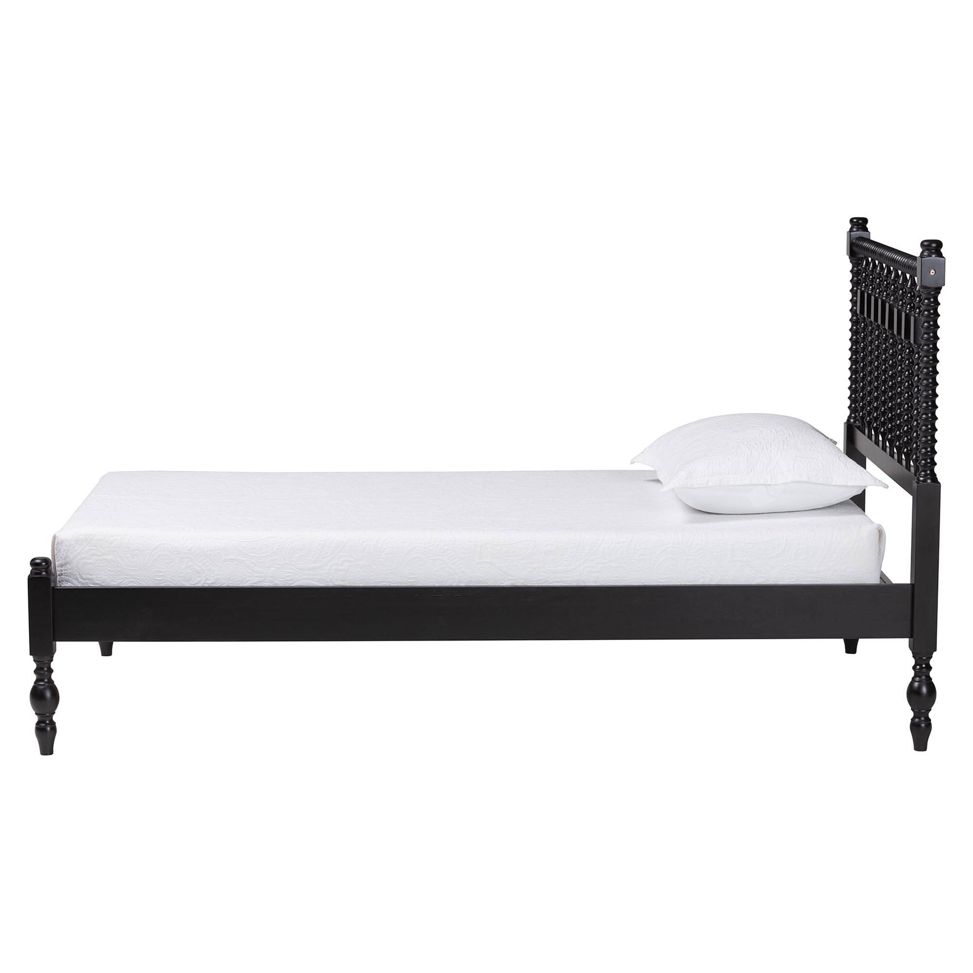 Angle. Baxton Studio - Callison Spindle Platform Bed - Turned Farmhouse Bed Frame with Spoked Headboard and Sculpted Legs, Twin - Black.