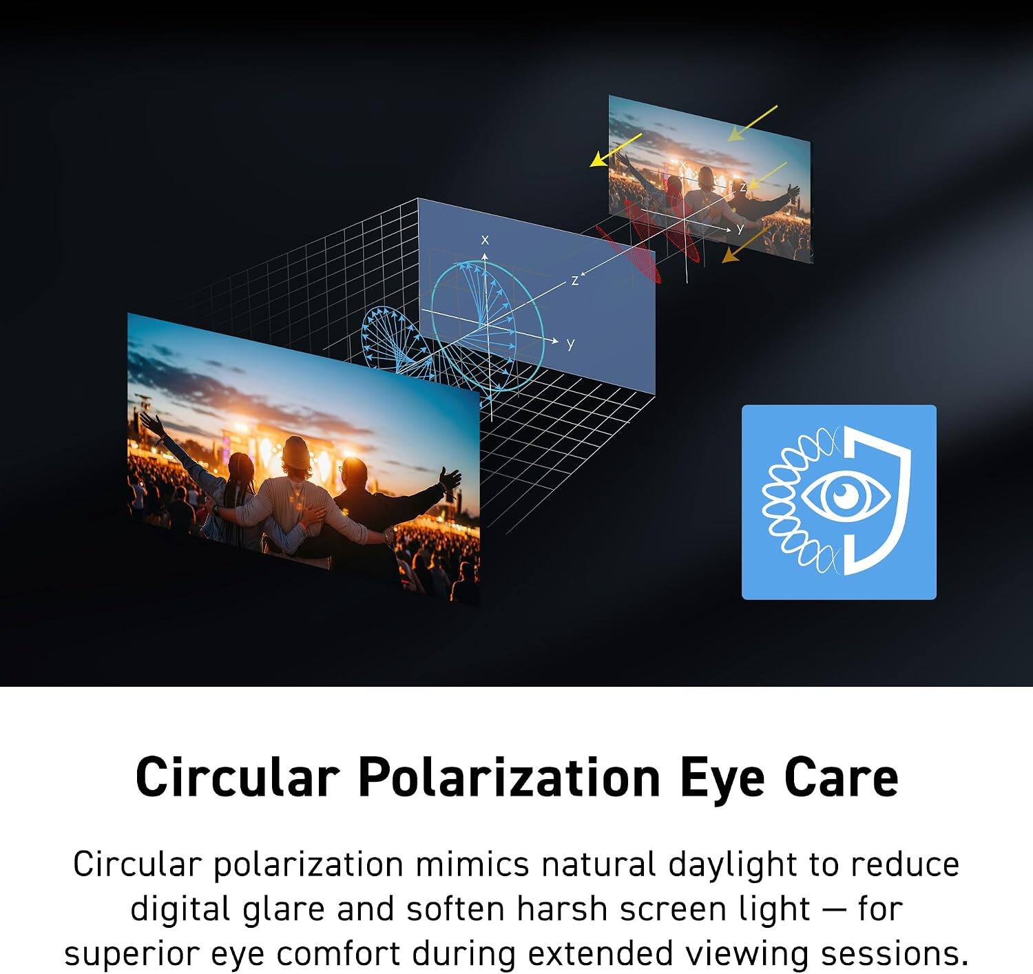Circular Polarization Eye Care  
Circular polarization mimics natural daylight to reduce digital glare and soften harsh screen light for superior eye comfort during extended viewing sessions.