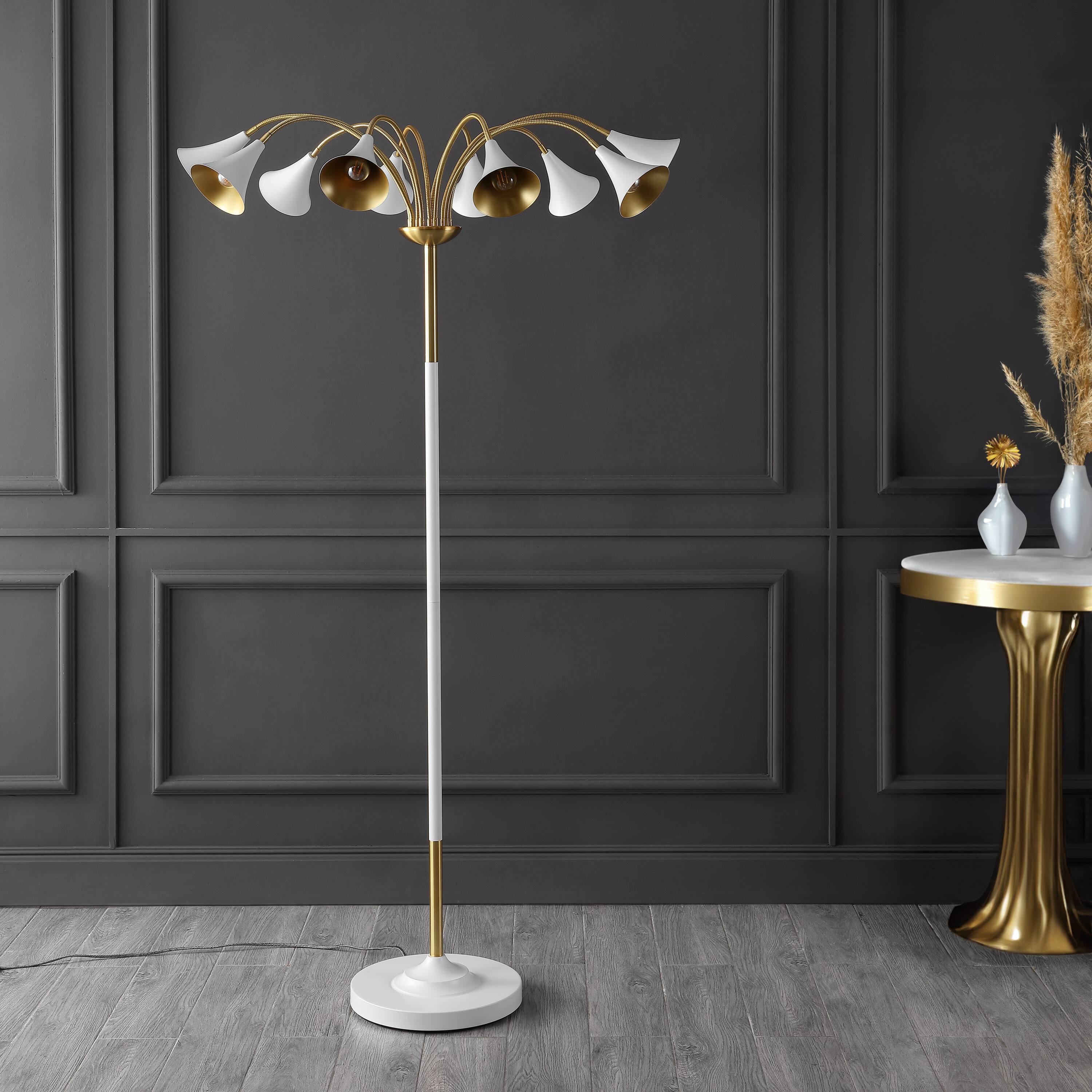 Alt View 4. Jonathan Y - Vivian 61" 10-Light Mid-Century Modern Iron Medusa Multi Head LED Floor Lamp, White/Brass Gold - Brass Gold/White.