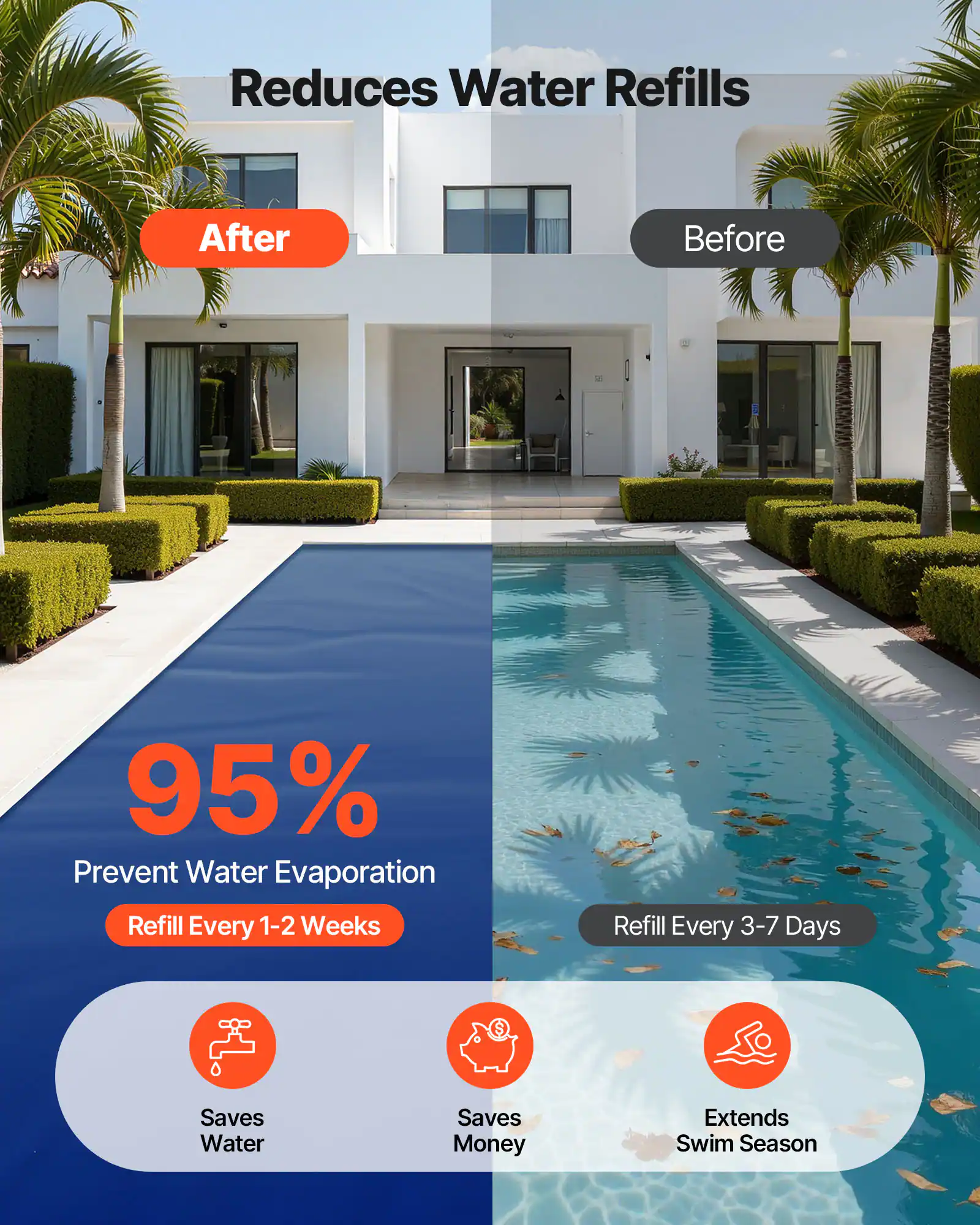 Reduces Water Refills

After Before

95% Prevent Water Evaporation

Refill Every 1-2 Weeks

Refill Every 3-7 Days

Saves Water

Saves Money

Extends Swim Season