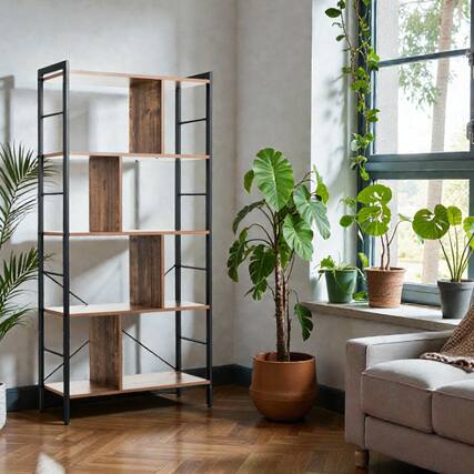 Front. Hivvago - Industrial Style Freestanding Bookcase with 4 Shelves and Steel Frame - Brown.