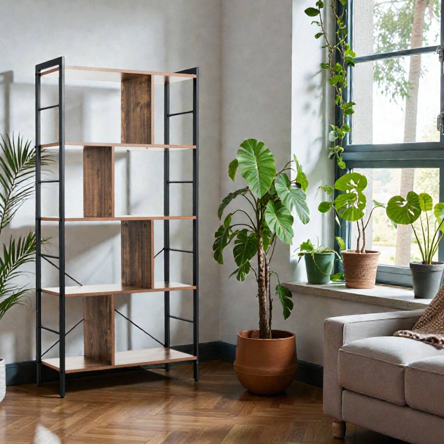 Front. Hivvago - Industrial Style Freestanding Bookcase with 4 Shelves and Steel Frame - Brown.