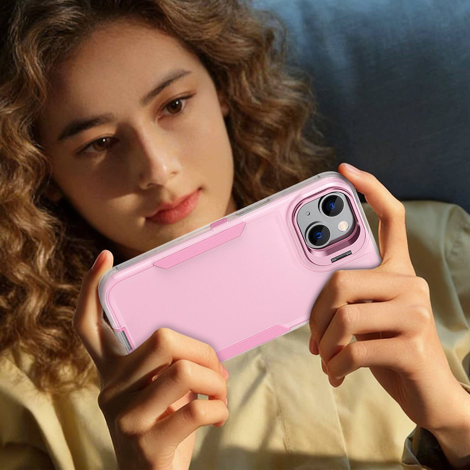 Alt View 3. Dteck - For Apple iPhone 17e/16e/14/13 Rugged Case, Heavy Duty Dual Layer Shockproof Lens Kickstand Drop Protection Cover - Pink.