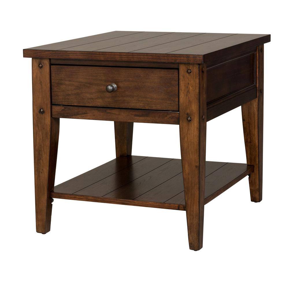 Angle. Liberty Furniture Industries - Lake House End Table in Rustic Brown Oak - Brown.