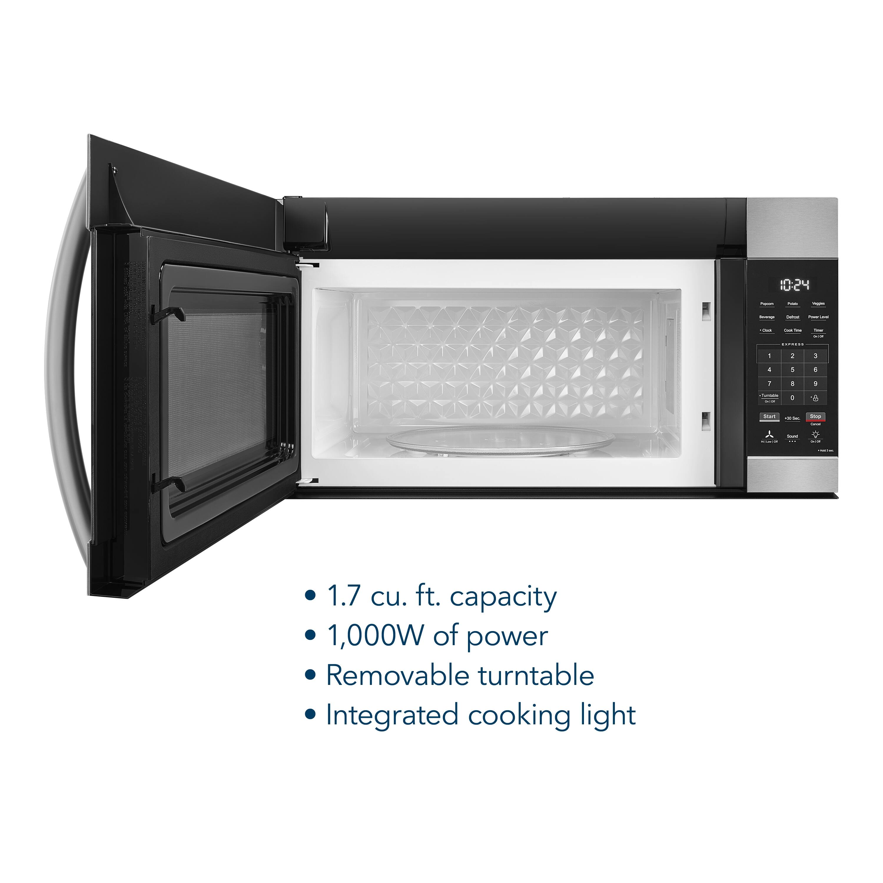 - 1.7 cu. ft. capacity
- 1,000W of power
- Removable turntable
- Integrated cooking light