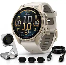 Bundle - Garmin - Fenix 8 43 mm AMOLED Gold with Fog Gray Band + Charging Dock - Soft Gold - (2024)