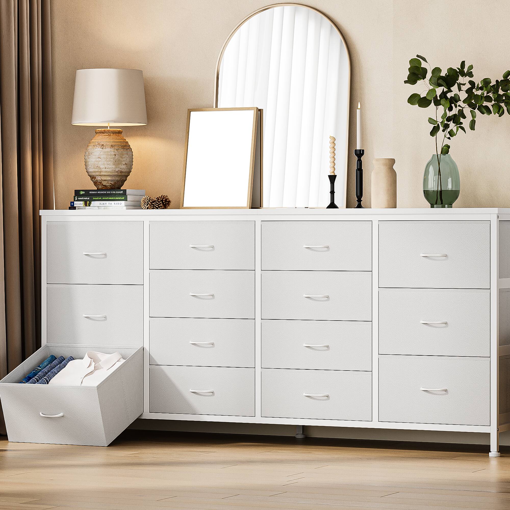 Alt View 7. TROPOW - 14 Drawer Dresser & TV Stand, with Power Outlet for 65 70 75 Inch TV, Long Entertainment Center for Home Room Decor - White.