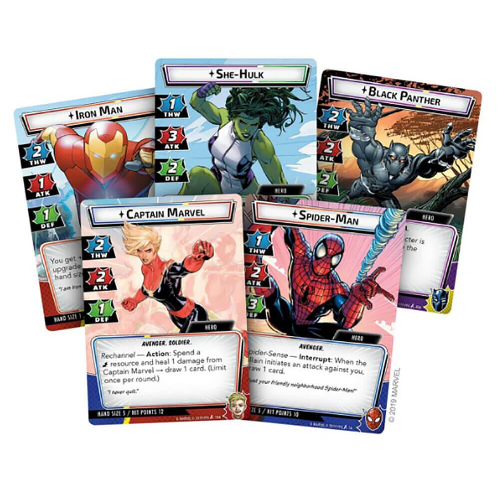 Sure, here is the corrected and grouped text from the image:

---

**+She-Hulk**  
1 THW  
2 ATK  
2 DEF  

**+Iron Man**  
1 THW  
3 ATK  
2 DEF  

**+Captain Marvel**  
1 ATK  
1 DEF  
2 THW  
2 ATK  

**+Black Panther**  
2 THW  
2 ATK  
2 DEF  

**+Spider-Man**  
1 THW  
2 ATK  
3 DEF  

---

**+Captain Marvel**  
**AVENGER, SOLDIER**  
**Action:** Spend a resource and heal 1 damage from Captain Marvel. Draw 1 card. (Limit 1 card against Captain Marvel, once per round)  
**"Never quit."**  
**HAND SIZE 2**  
**RIT POINTS 12**  

**+Spider-Man**  
**AVENGER, HERO**  
**Interrupt:** When the villain initiates an attack against you, draw 1 card.  
**"Spider-Sense"**  
**HAND SIZE 2**  
**RIT POINTS 10**  

---

**You get upgraded hand size.**  
**"Am Iru"**  

**Cteri is the**  
