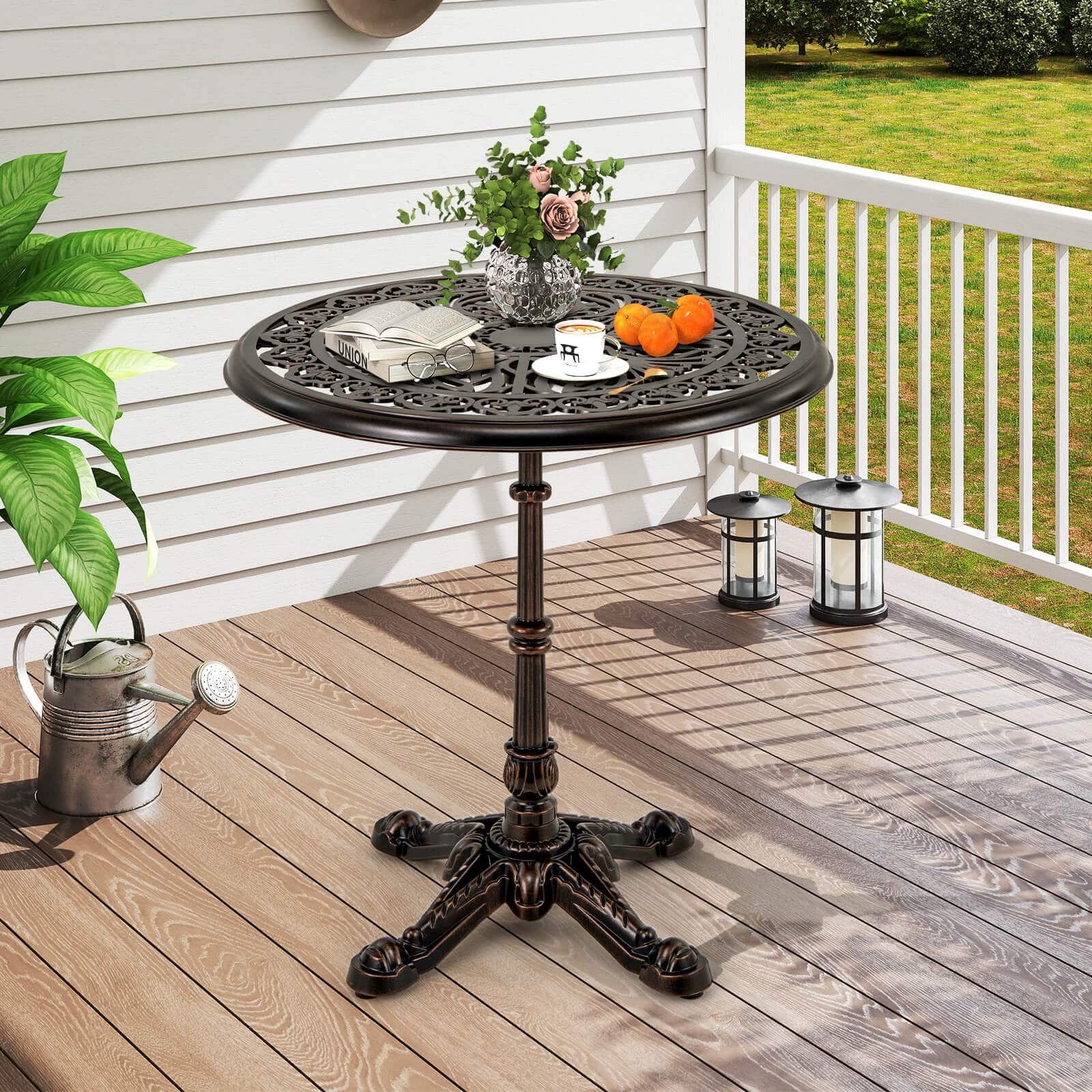 Front. Costway - Costway 27" Round Cast Aluminum Patio Bistro Table with Hollow Top Cross Base for Backyard - Copper.