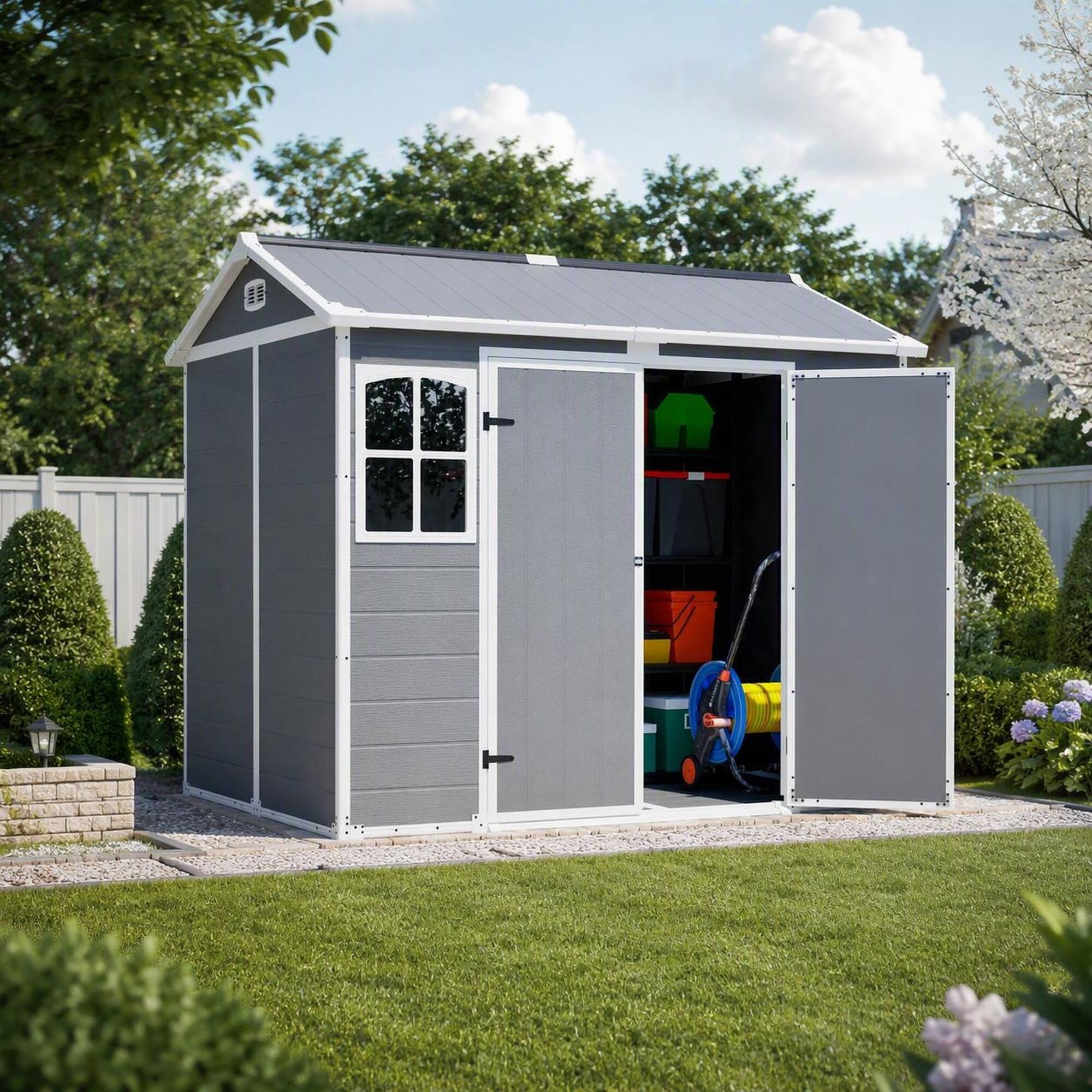 Angle. RYHNUYNE - 8x6 ft Plastic Shed Floor Lockable Garden Organizer Gray-White Backyard Utility - Gray.