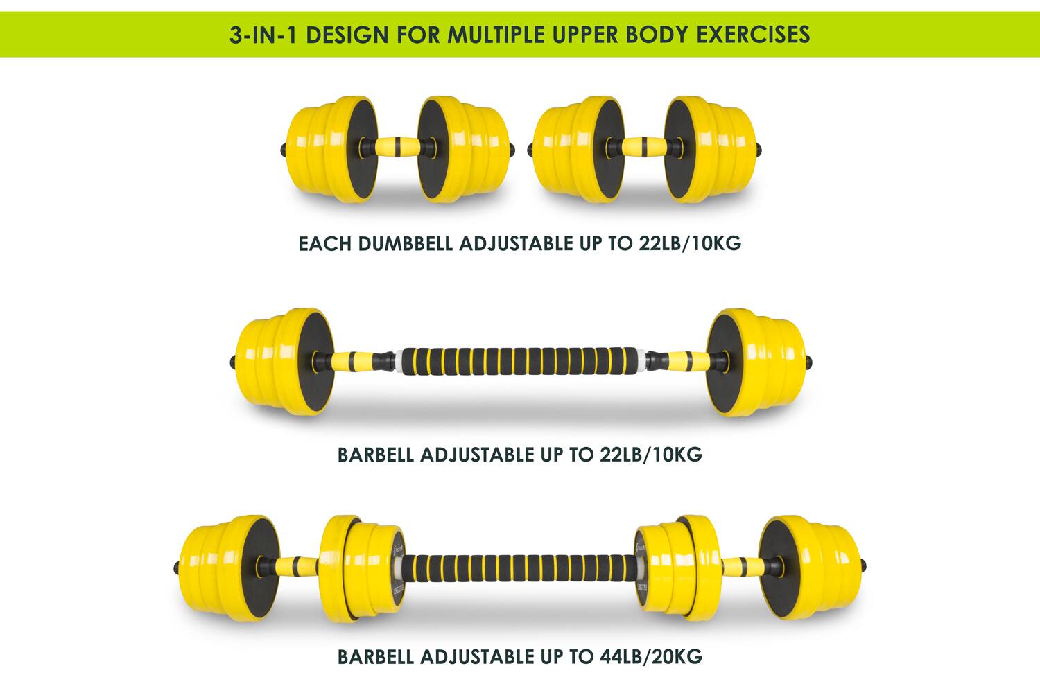 3-IN-1 DESIGN FOR MULTIPLE UPPER BODY EXERCISES

EACH DUMBBELL ADJUSTABLE UP TO 22LB/10KG
BARBELL ADJUSTABLE UP TO 22LB/10KG
BARBELL ADJUSTABLE UP TO 44LB/20KG