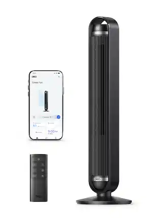 The image features a DREO Tower Fan, which is a black and silver device. It is placed next to a smartphone, which is displaying the time of 9:41. The fan is positioned on a stand, and there is a remote control nearby. The overall scene suggests that the fan is being used to cool down the room, possibly during a hot summer day.