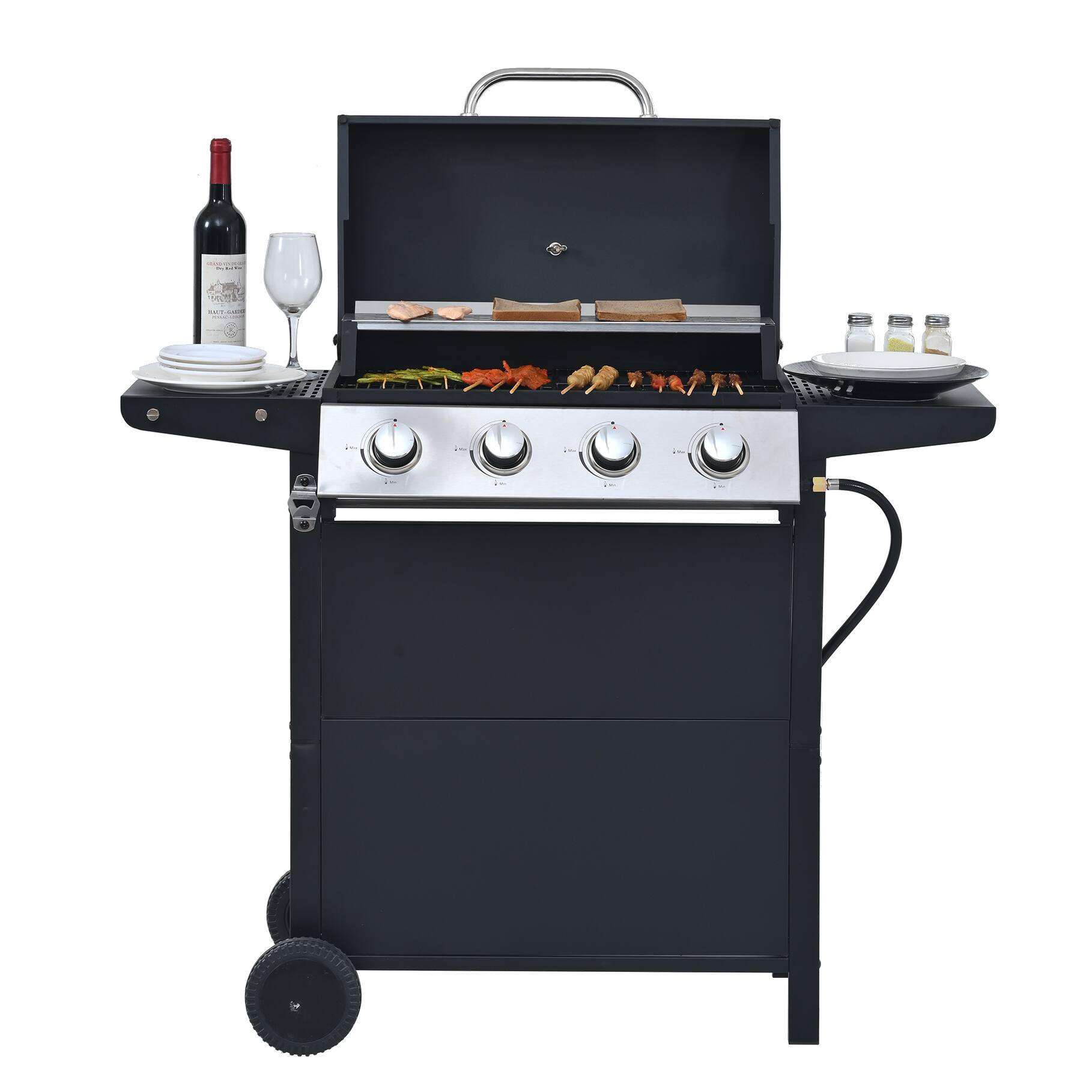 Front. Yardgrace - 4 Burner Barbecue Grill, Stainless Steel 34,000 BTU Patio Garden Barbecue Grill with Two Foldable Shelves - Black.