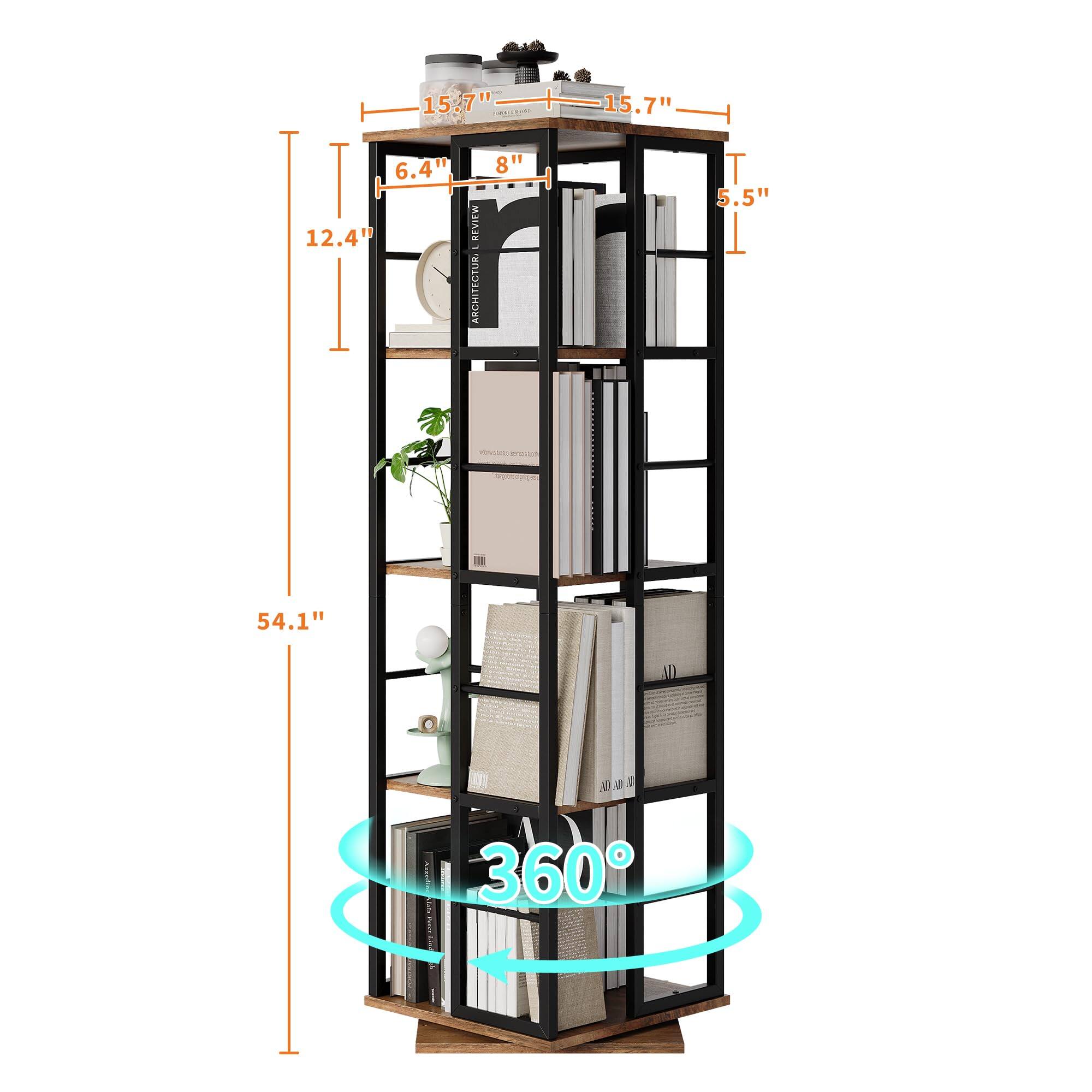 - Height: 54.1"
- Width: 15.7"
- Depth: 15.7"
- Shelf Depth: 5.5"
- Shelf Height: 12.4"
- Shelf Width: 8"
- Shelf Spacing: 6.4"
- Rotation: 360°
