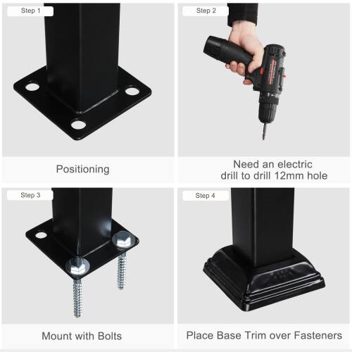 Step 1: Positioning  
Step 2: Need an electric drill to drill 12mm hole  
Step 3: Mount with Bolts  
Step 4: Place Base Trim over Fasteners