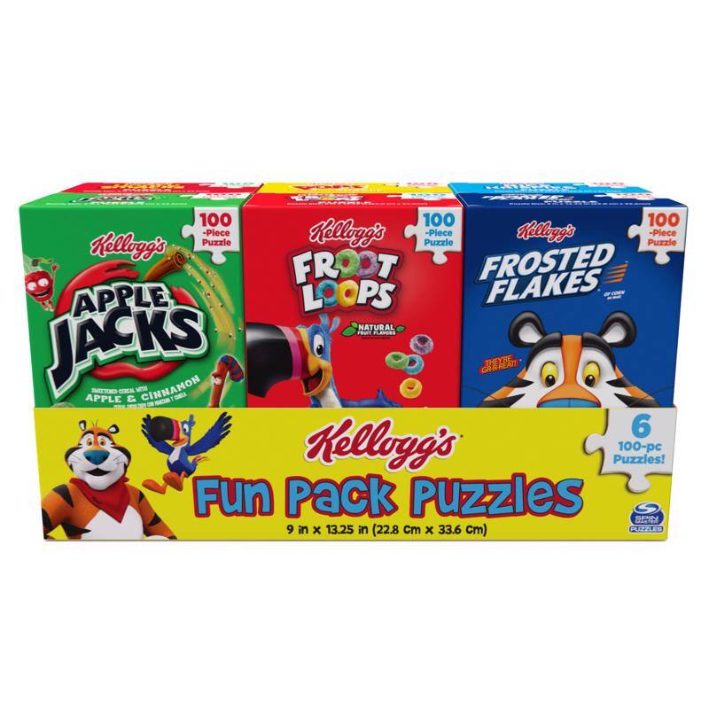 A 100-Piece Kellogg's Puzzle - Piece Kellogg's Puzzle - Piece Kellogg's FROOT FROSTED APPLE LOOPS FLAKES NATURAL FLAVORS JACKS - CINNAMON - GRAPE SHEET APPLE & 6 Kellogg's Puzzles! 100-pc Fun Pack Puzzles T 9 in x 13.25 in (22.8 cm x 33.6 cm)