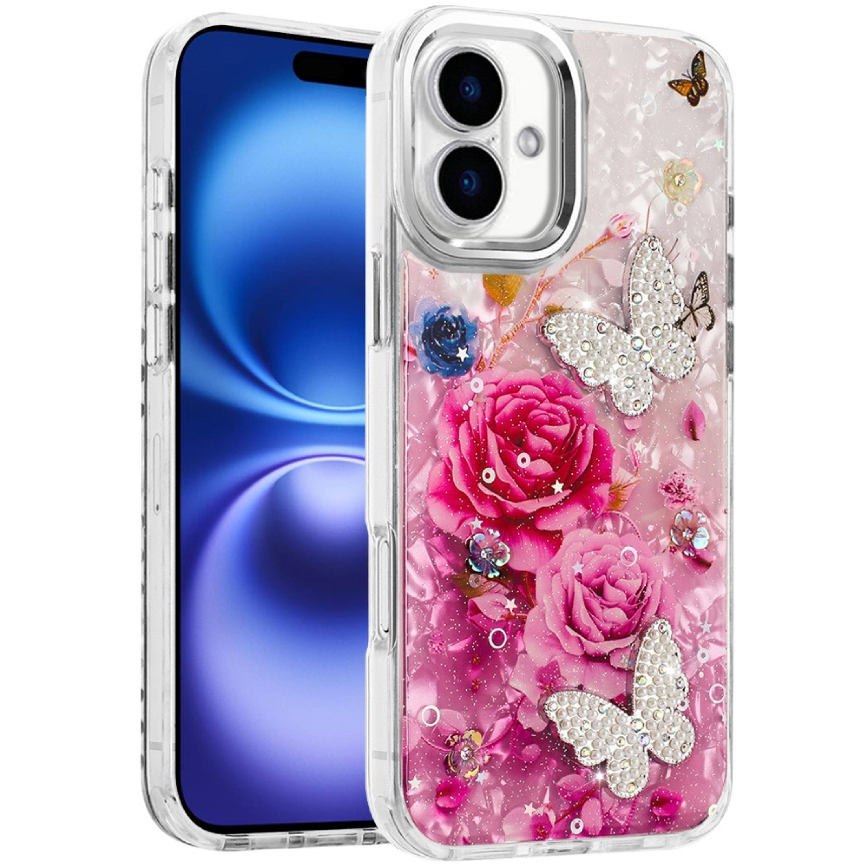 Angle. Kitcheniva - Epoxy Glitter with 3D Beaded Butterflies Plus Tempered Glass For iPhone 17 Pink Floral - Multicolor.